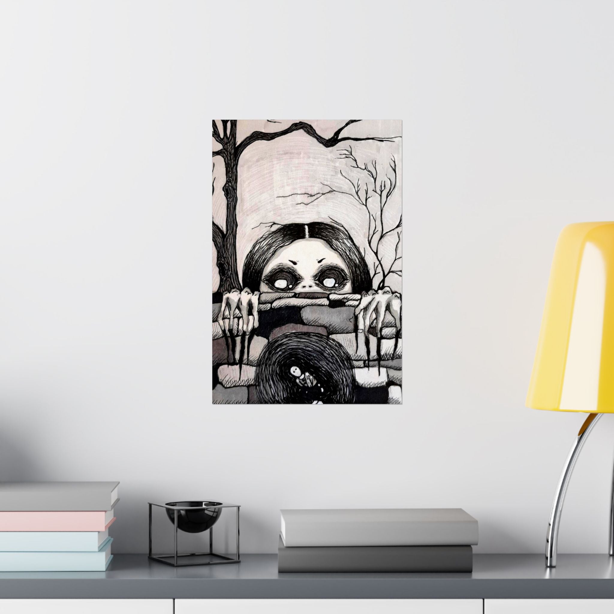 Horror Mother Illustration Matte Vertical Poster — Creepy Peek-Over Wall Art