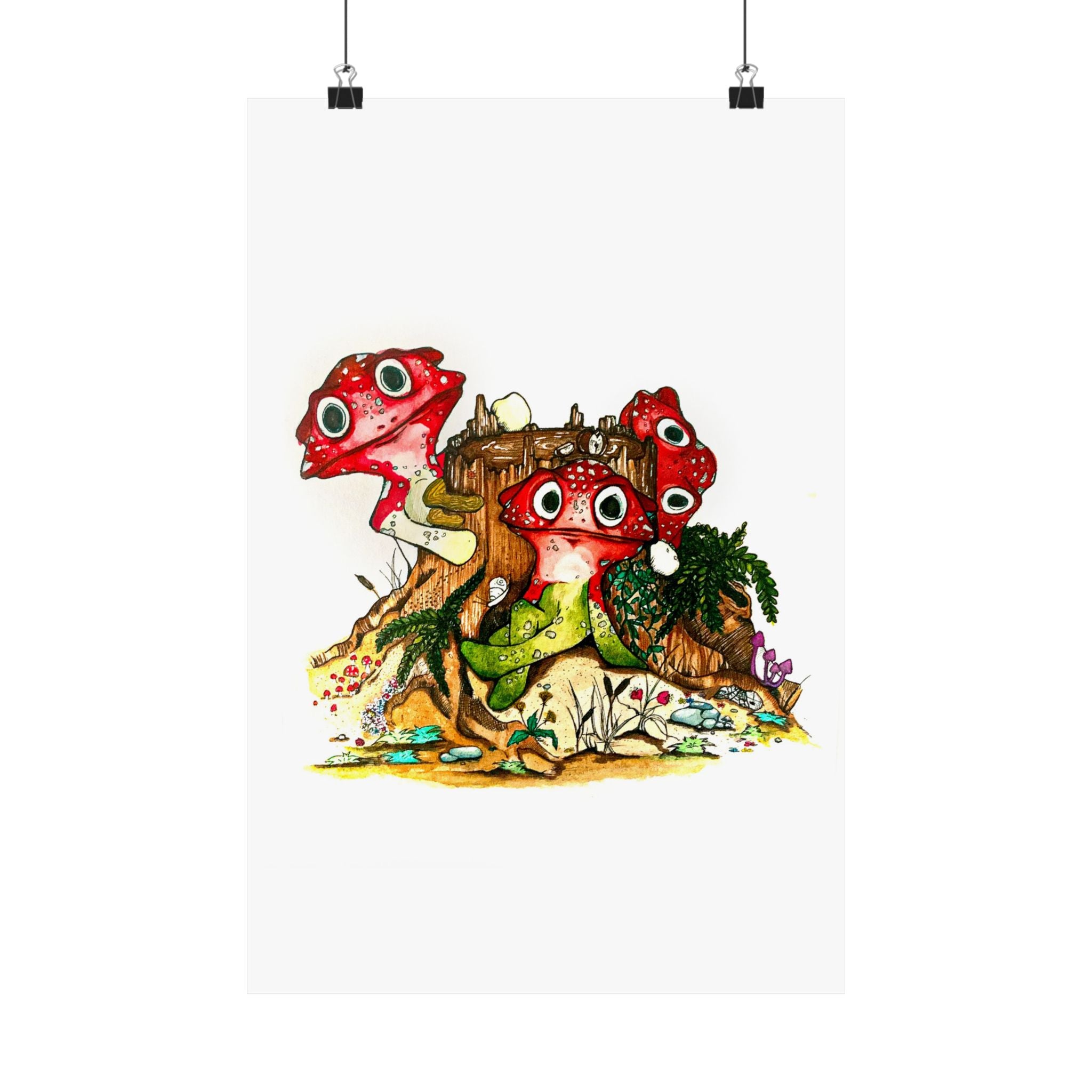 Whimsical Red Mushroom Forest Poster — Cute Cartoon Fungi Wall Art