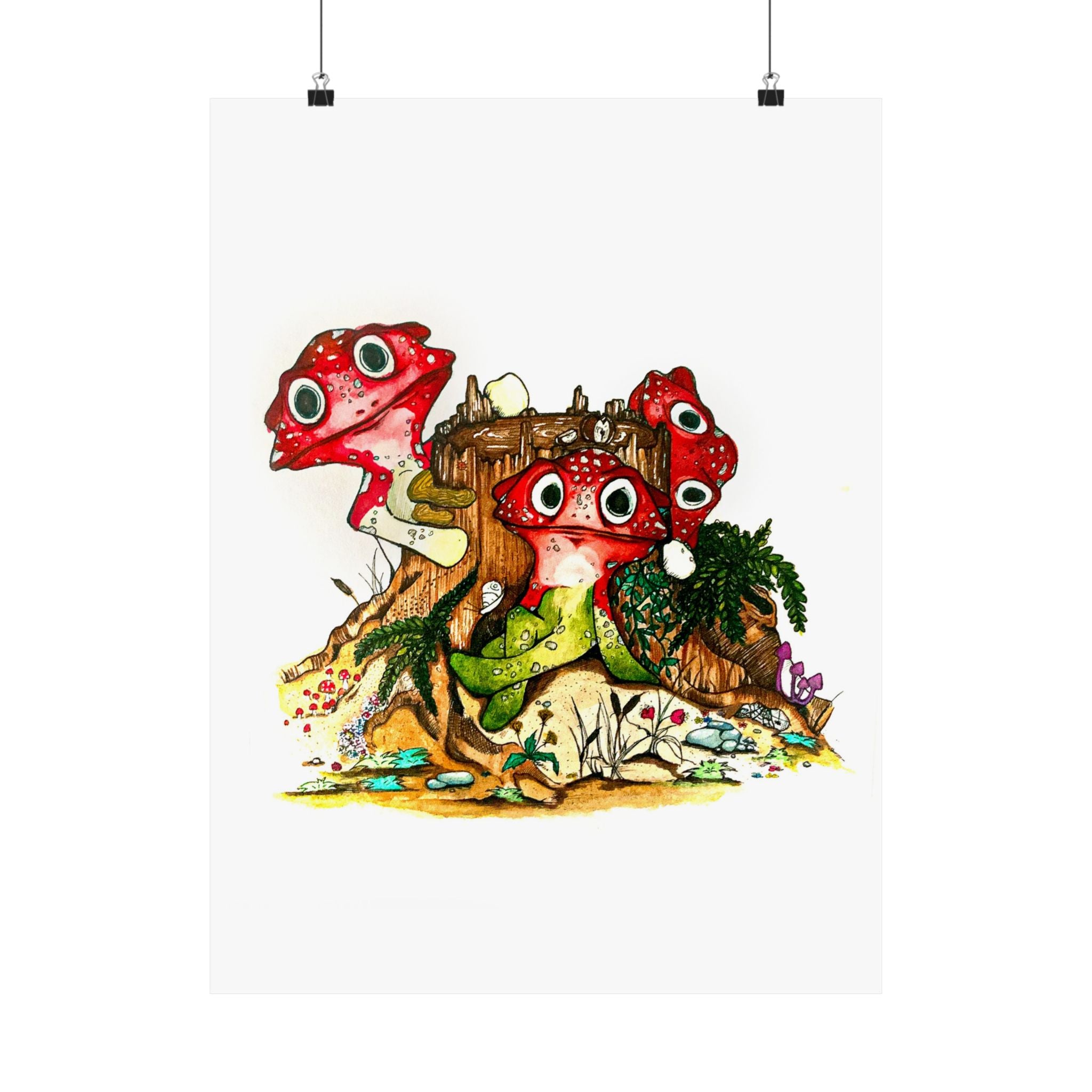 Whimsical Red Mushroom Forest Poster — Cute Cartoon Fungi Wall Art