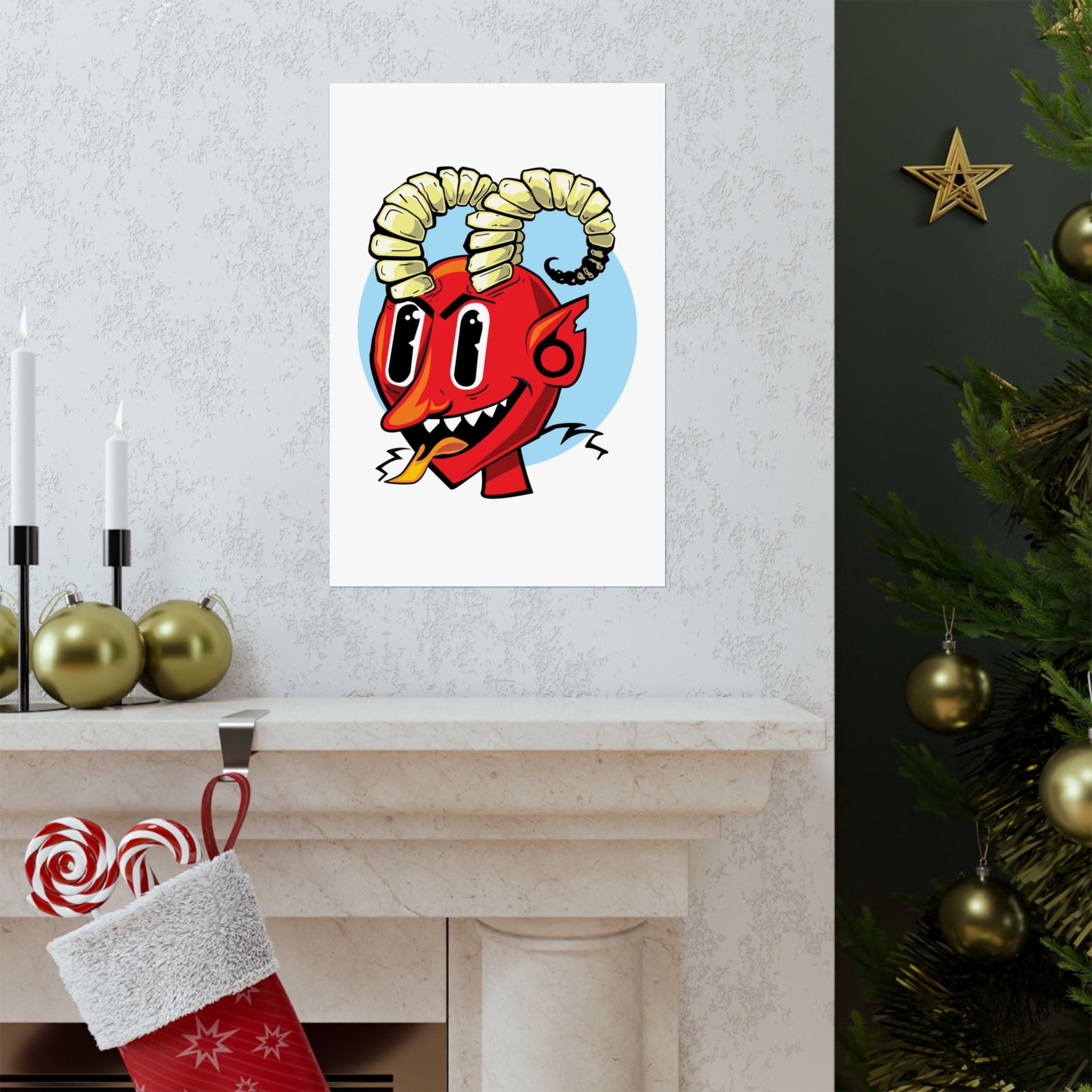 Bright Red Smiling Devil Matte Vertical Poster — Hand-Drawn Fiendish Illustration