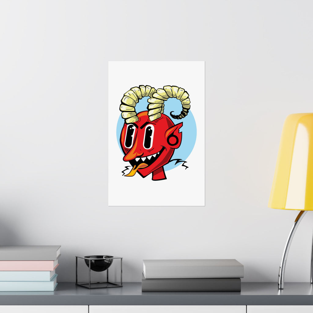 Bright Red Smiling Devil Matte Vertical Poster — Hand-Drawn Fiendish Illustration