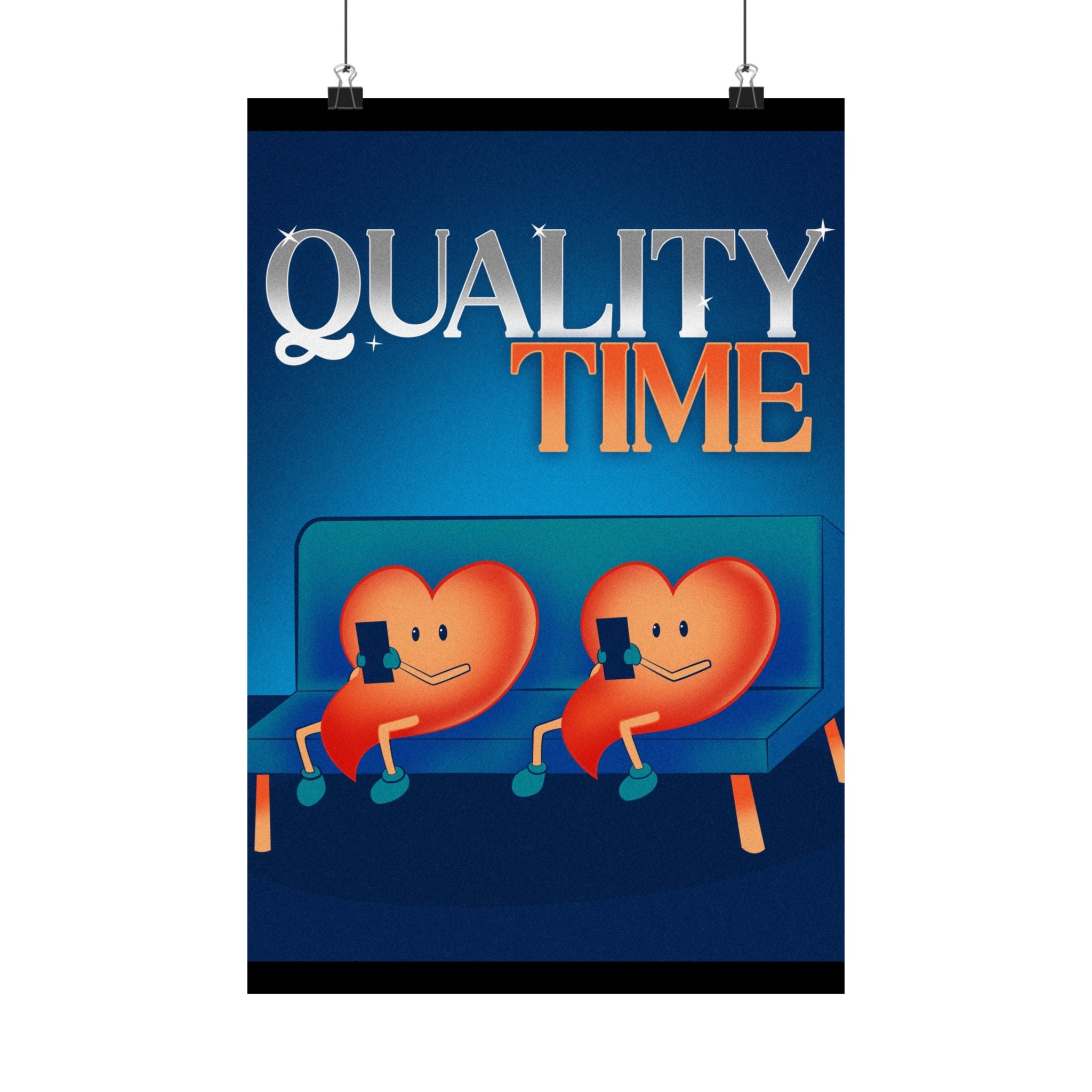 Quality Time Poster — Couples Heart Characters on Couch (Matte Vertical)