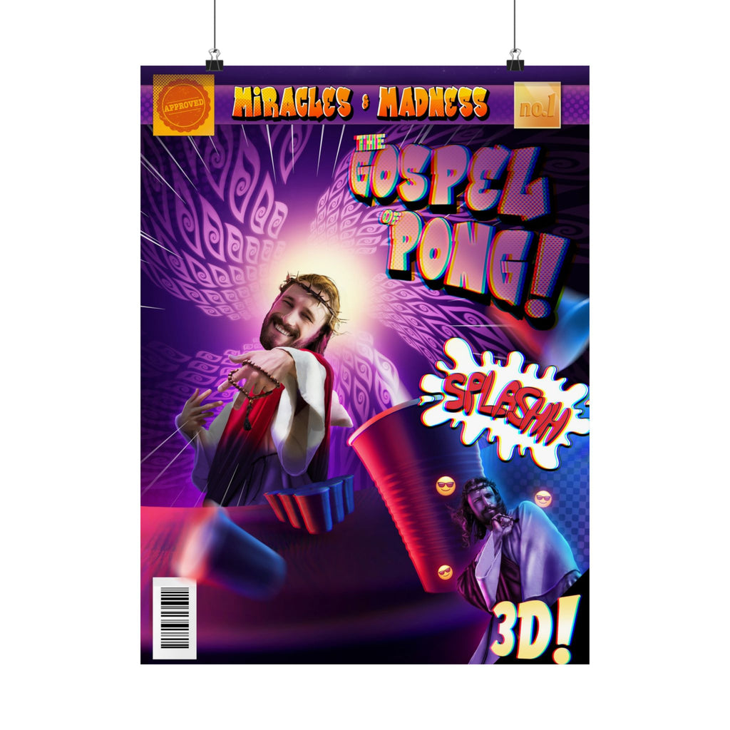 The Gospel of Pong Matte Poster — Comic-Style Jesus Beer Pong Art