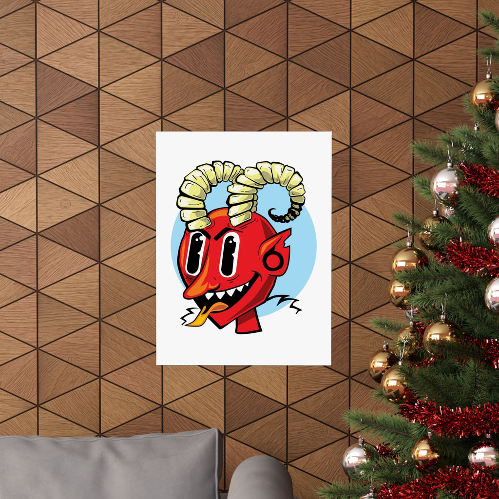 Bright Red Smiling Devil Matte Vertical Poster — Hand-Drawn Fiendish Illustration