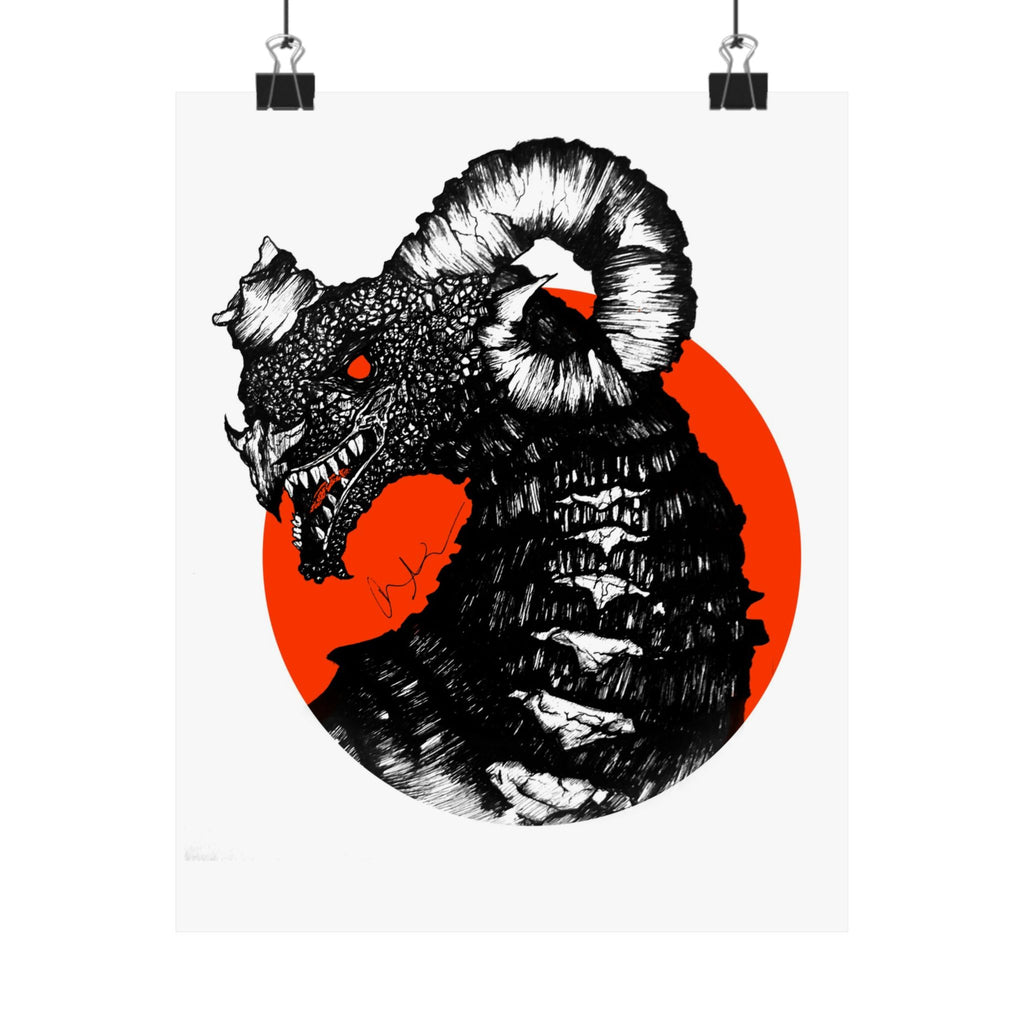 Kaiju Red Sun Matte Poster — Hand-Drawn Ink Monster Art