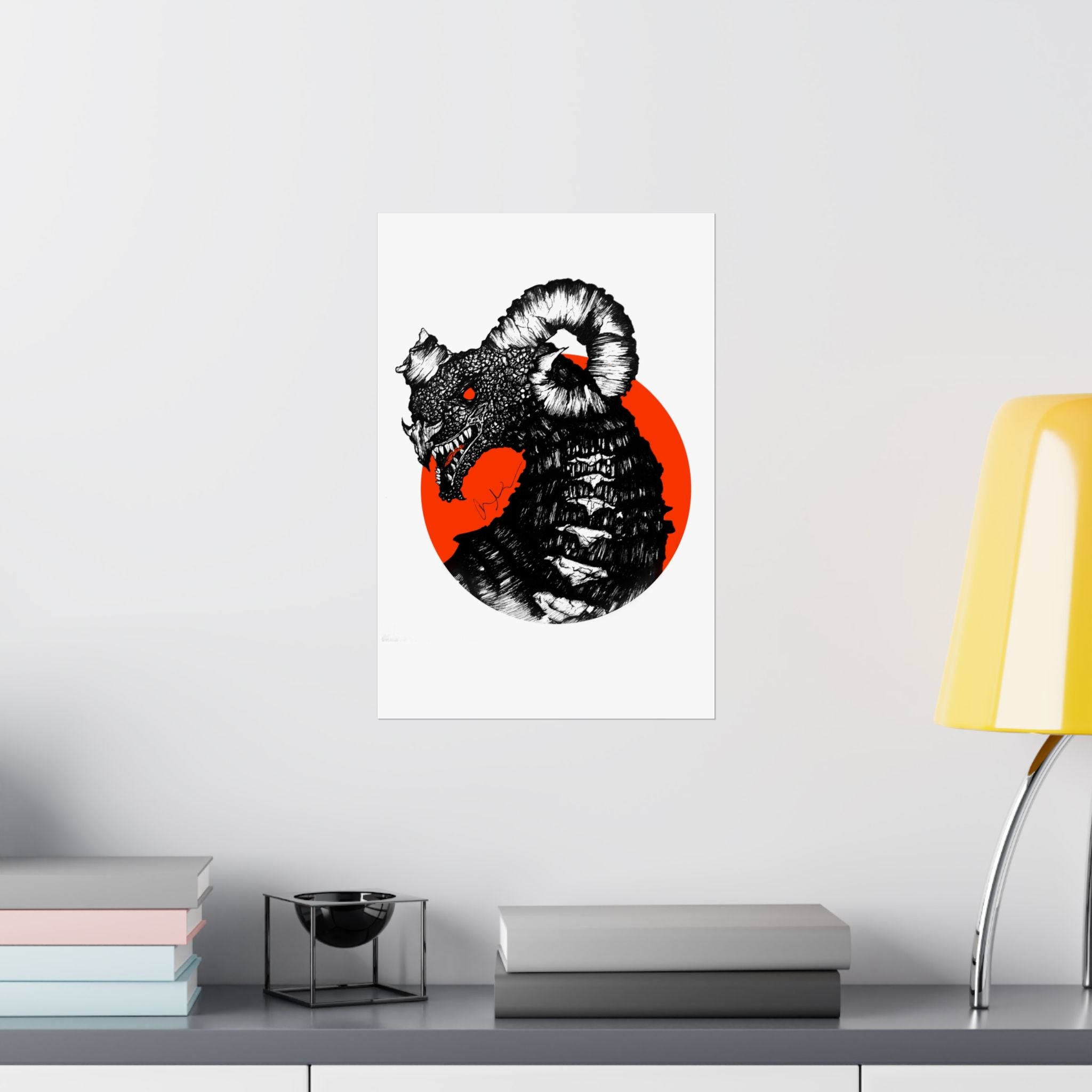 Kaiju Red Sun Matte Poster — Hand-Drawn Ink Monster Art