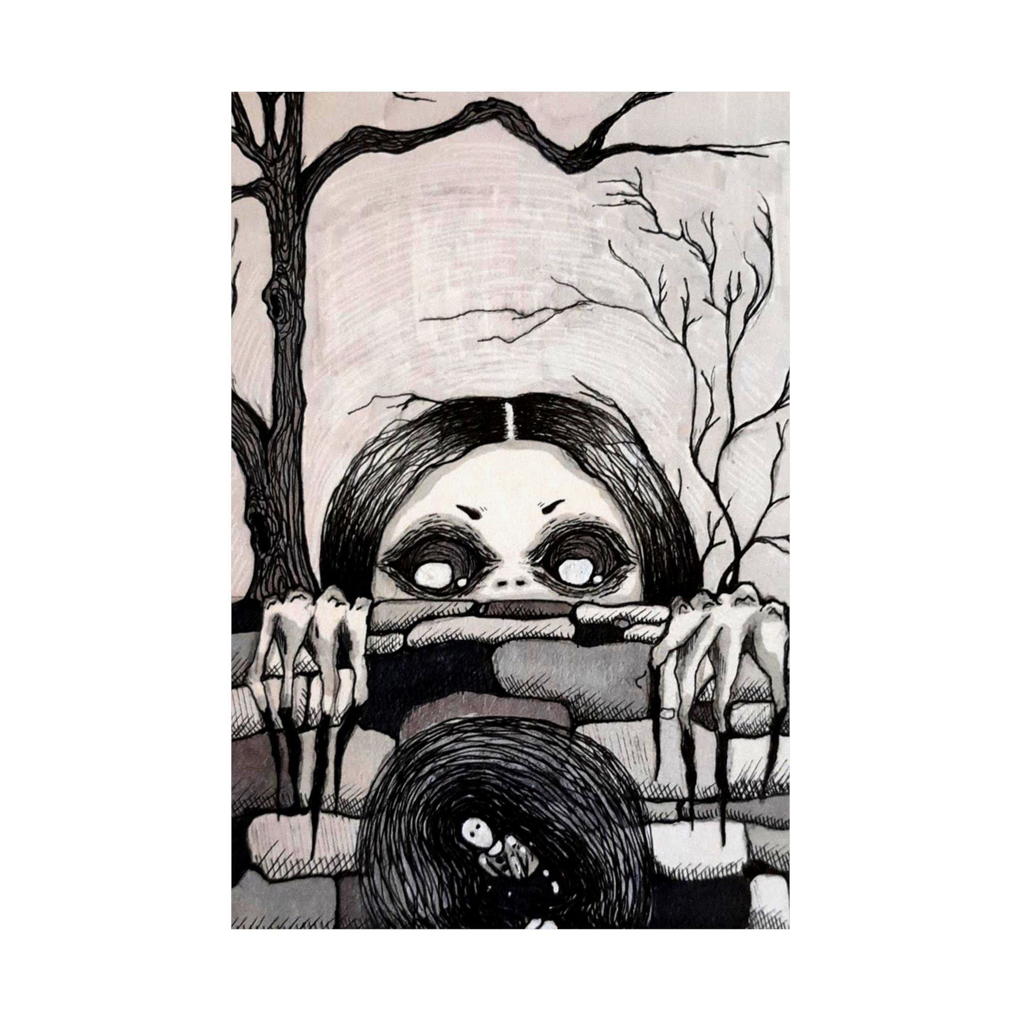 Horror Mother Illustration Matte Vertical Poster — Creepy Peek-Over Wall Art