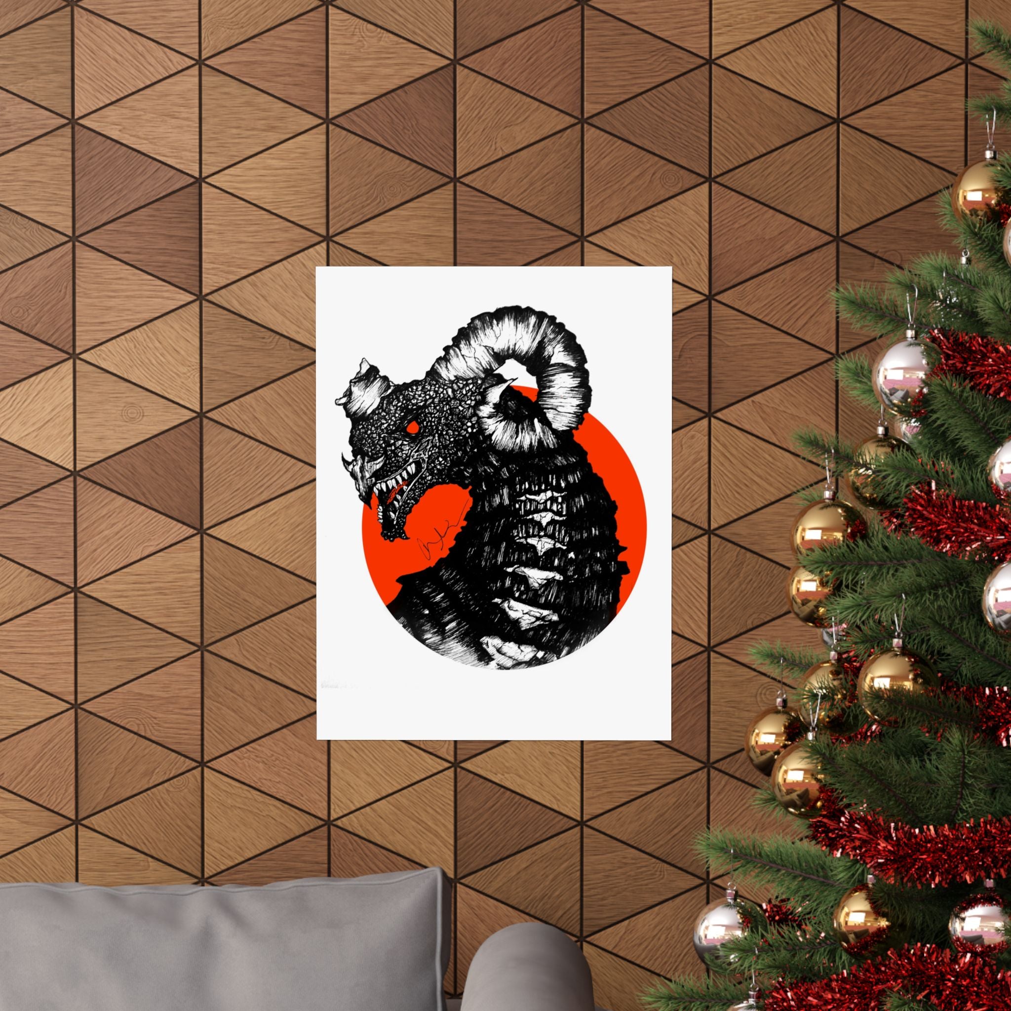 Kaiju Red Sun Matte Poster — Hand-Drawn Ink Monster Art