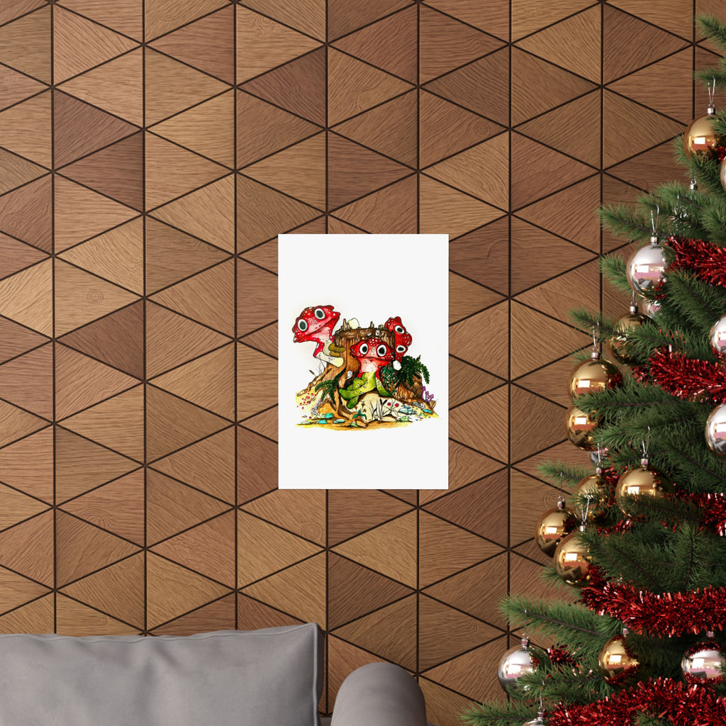 Whimsical Red Mushroom Forest Poster — Cute Cartoon Fungi Wall Art
