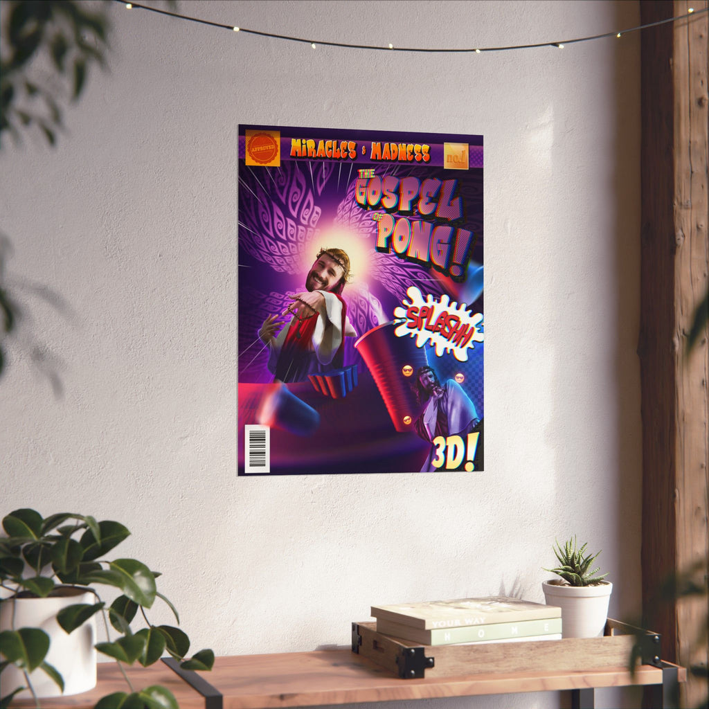 The Gospel of Pong Matte Poster — Comic-Style Jesus Beer Pong Art