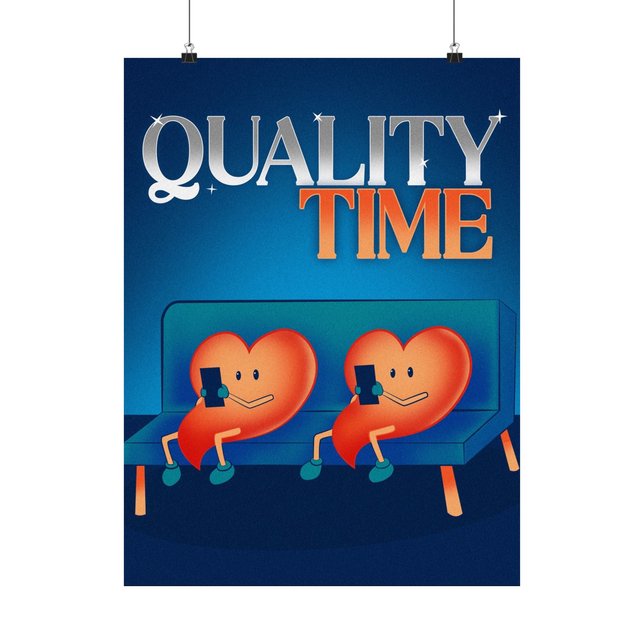 Quality Time Poster — Couples Heart Characters on Couch (Matte Vertical)
