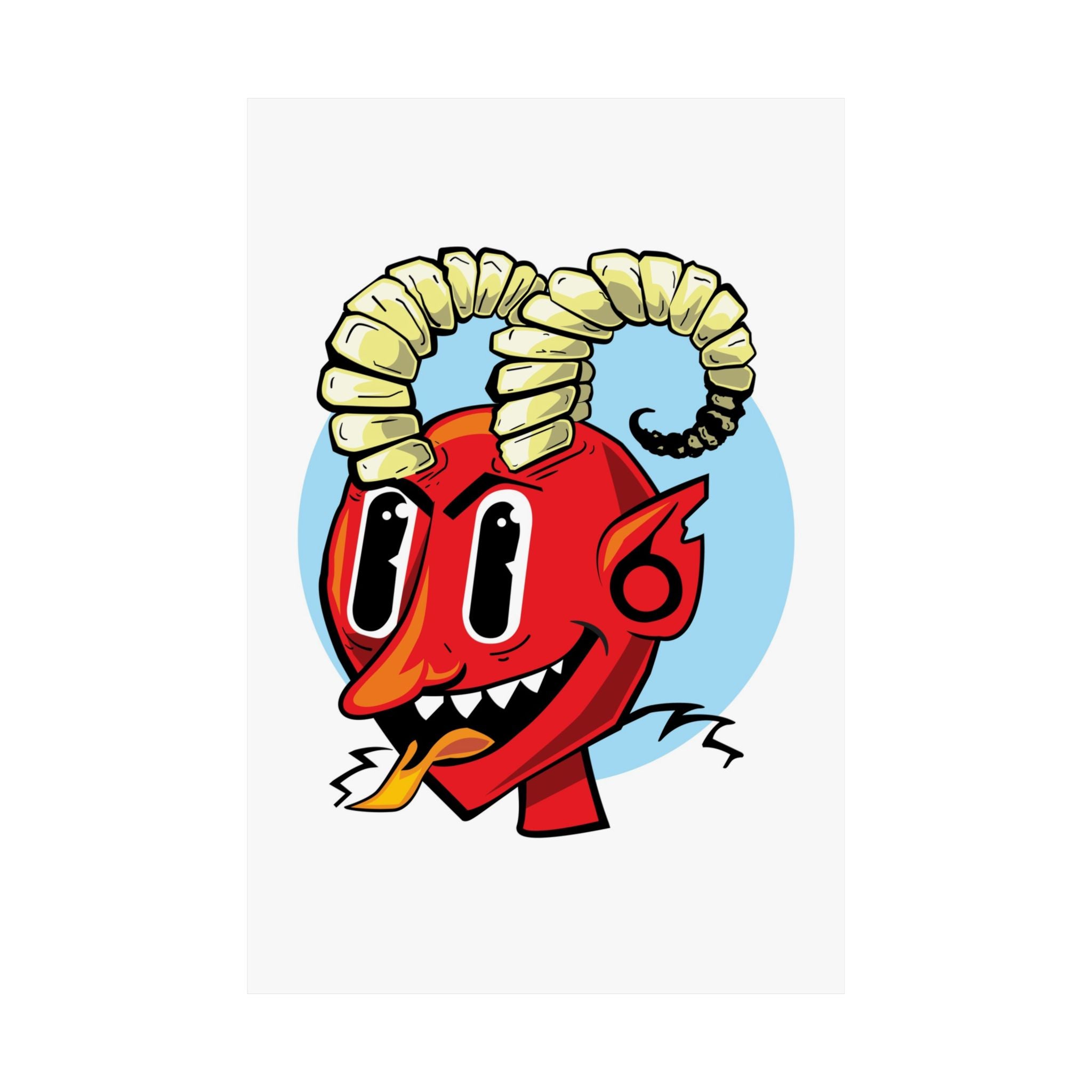 Bright Red Smiling Devil Matte Vertical Poster — Hand-Drawn Fiendish Illustration