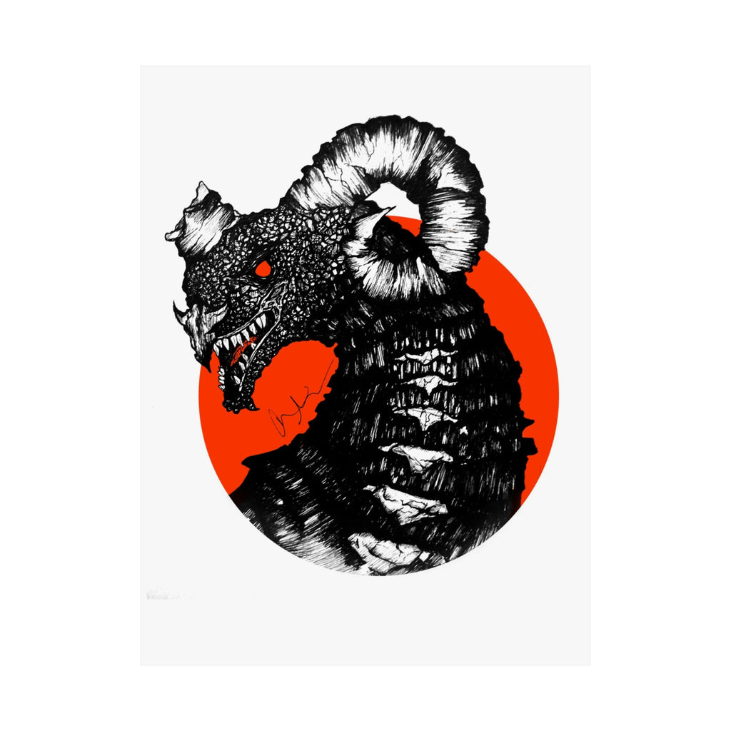 Kaiju Red Sun Matte Poster — Hand-Drawn Ink Monster Art