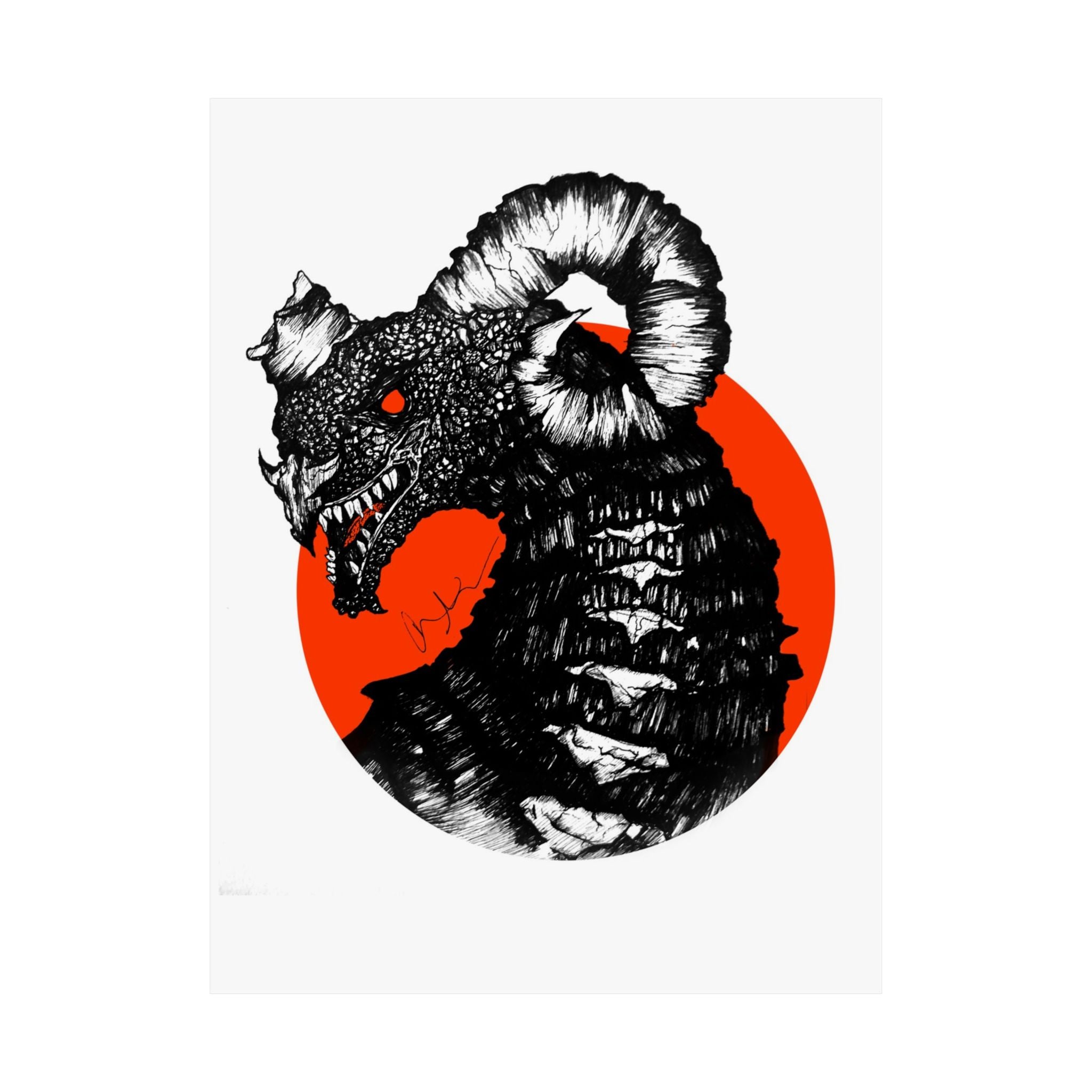 Kaiju Red Sun Matte Poster — Hand-Drawn Ink Monster Art