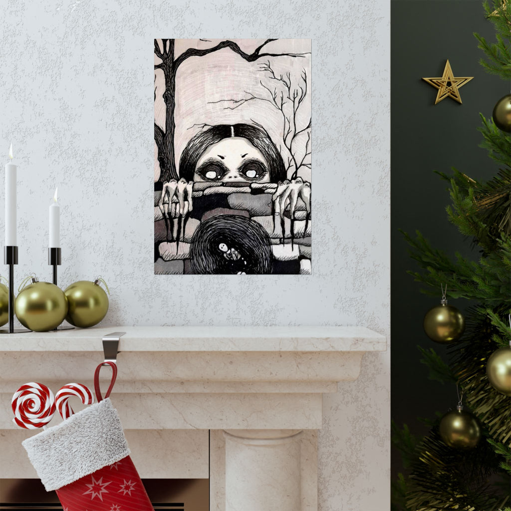 Horror Mother Illustration Matte Vertical Poster — Creepy Peek-Over Wall Art