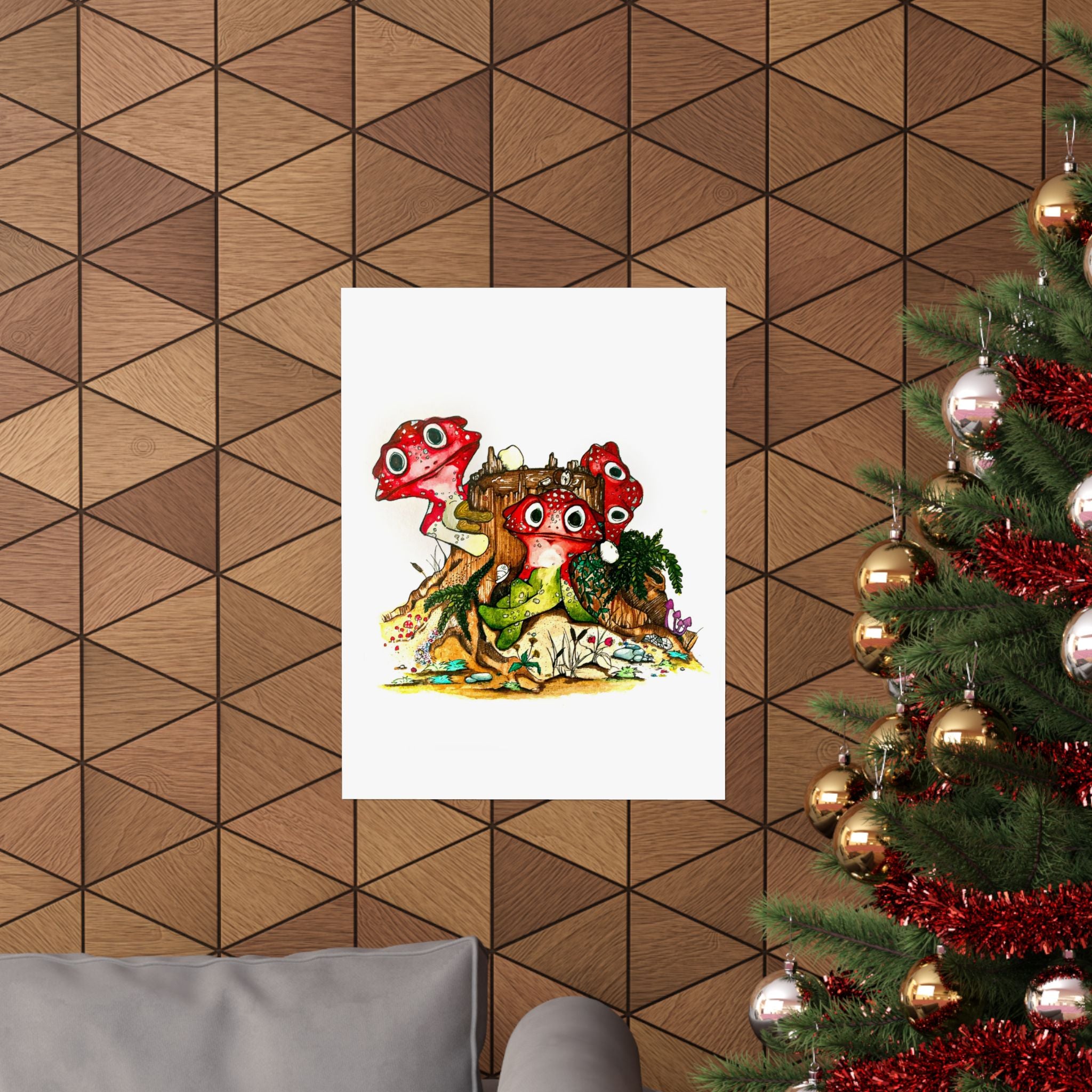 Whimsical Red Mushroom Forest Poster — Cute Cartoon Fungi Wall Art
