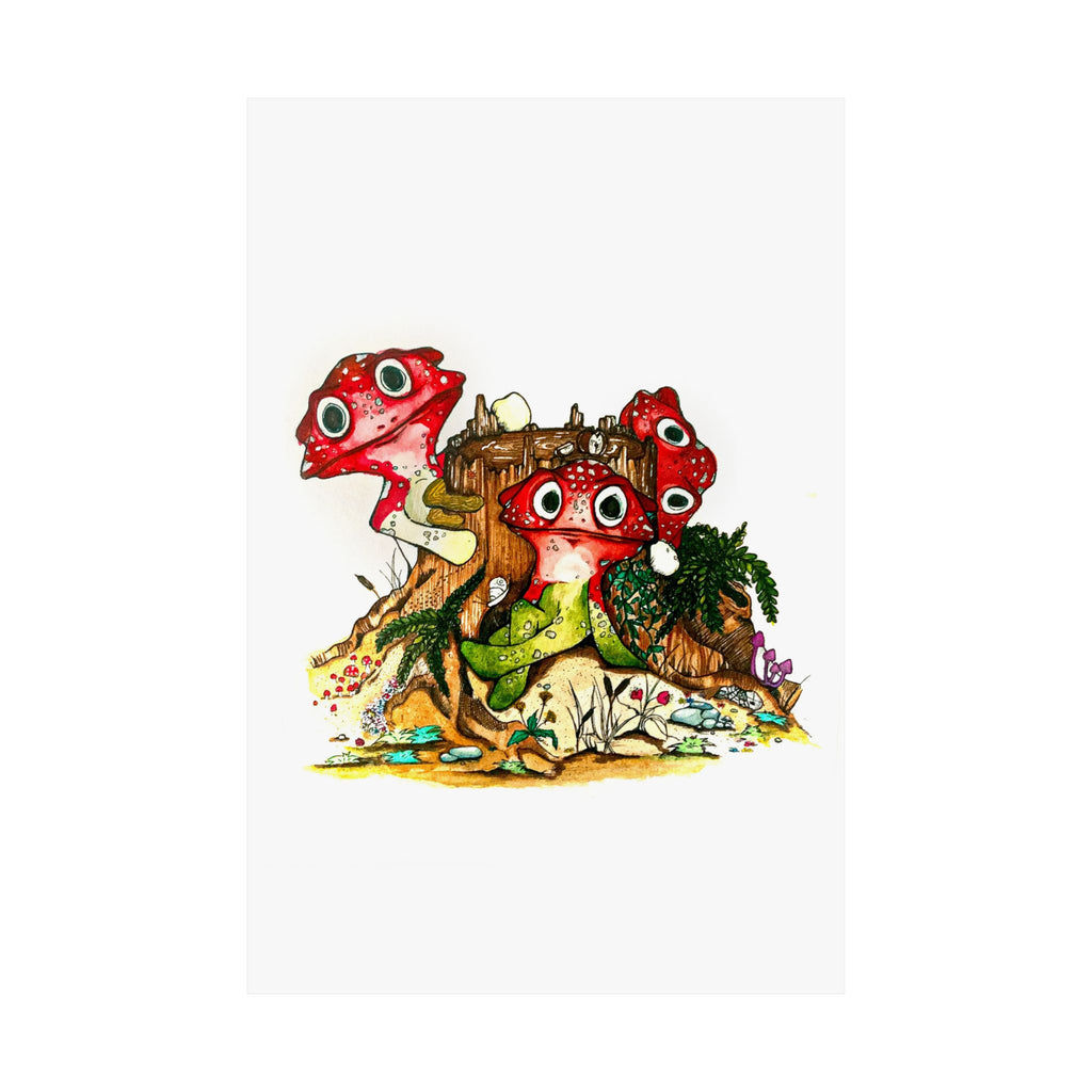 Whimsical Red Mushroom Forest Poster — Cute Cartoon Fungi Wall Art