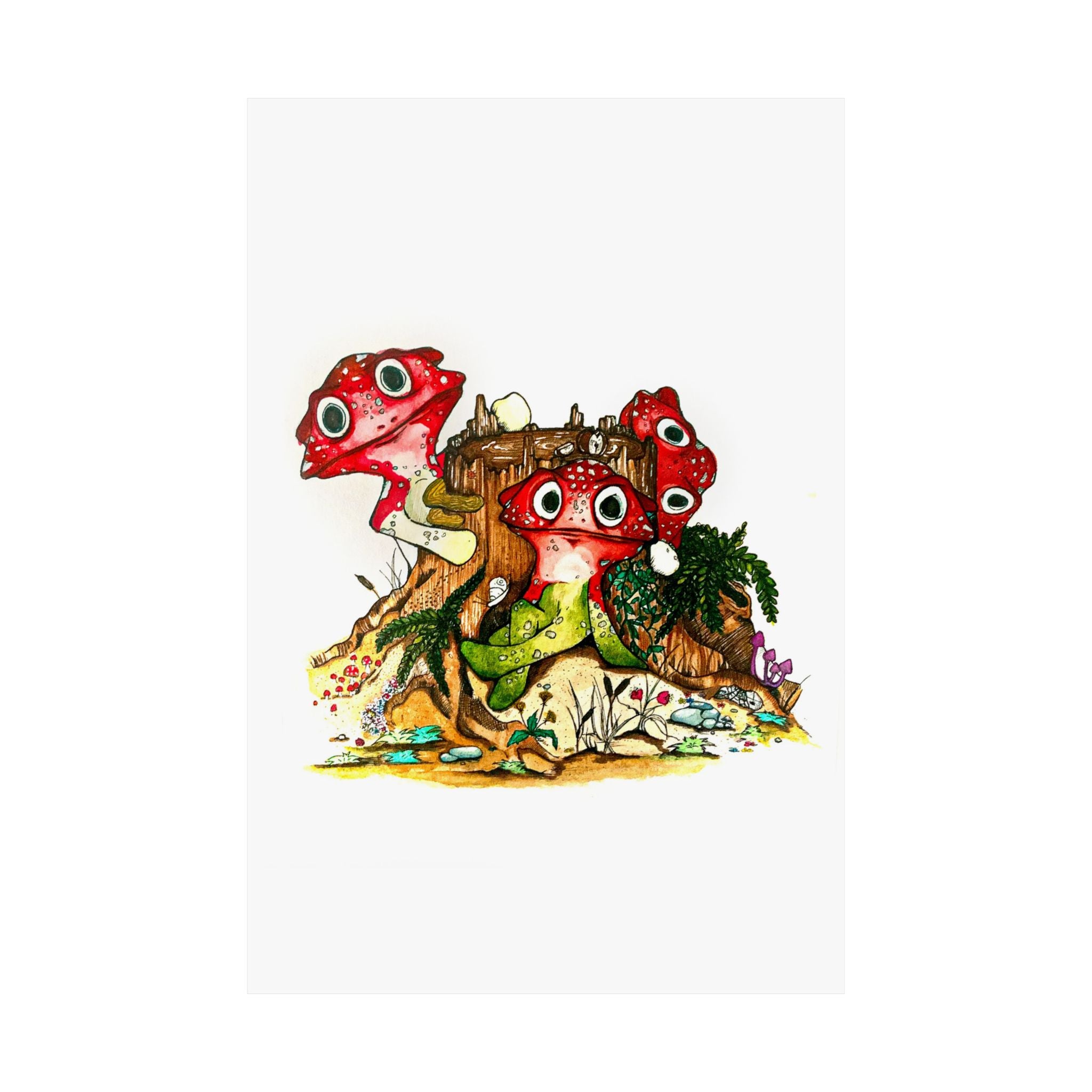 Whimsical Red Mushroom Forest Poster — Cute Cartoon Fungi Wall Art