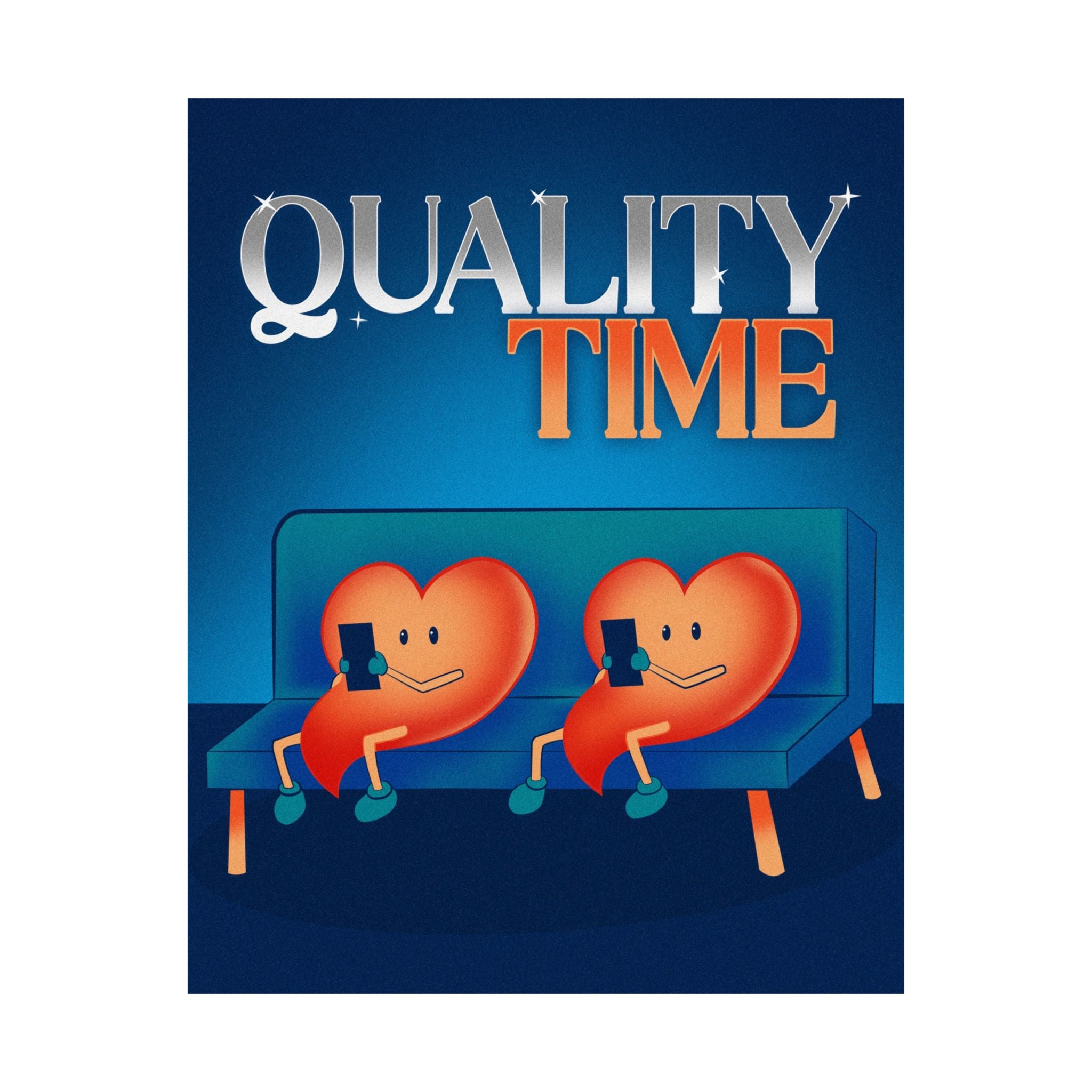 Quality Time Poster — Couples Heart Characters on Couch (Matte Vertical)