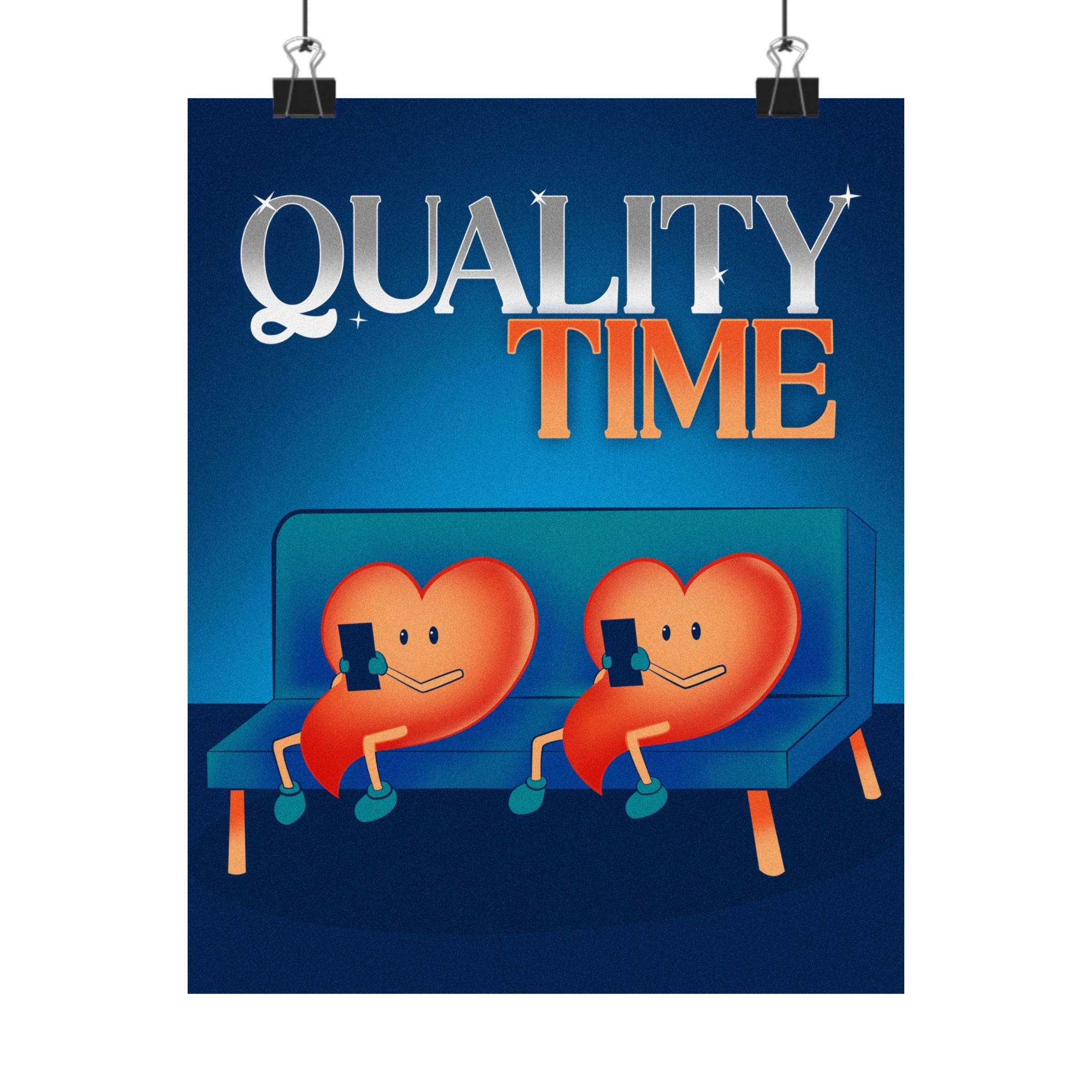 Quality Time Poster — Couples Heart Characters on Couch (Matte Vertical)