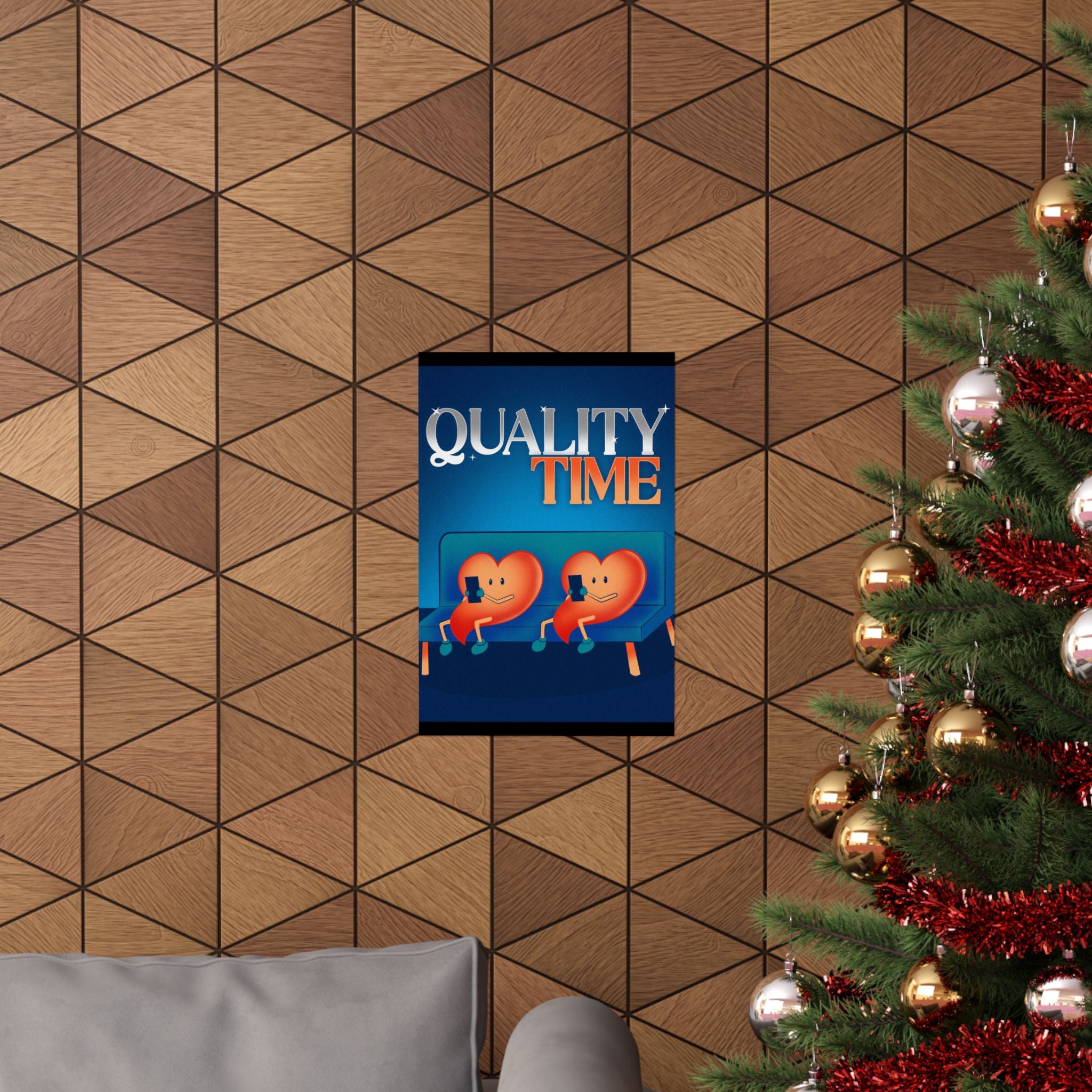 Quality Time Poster — Couples Heart Characters on Couch (Matte Vertical)
