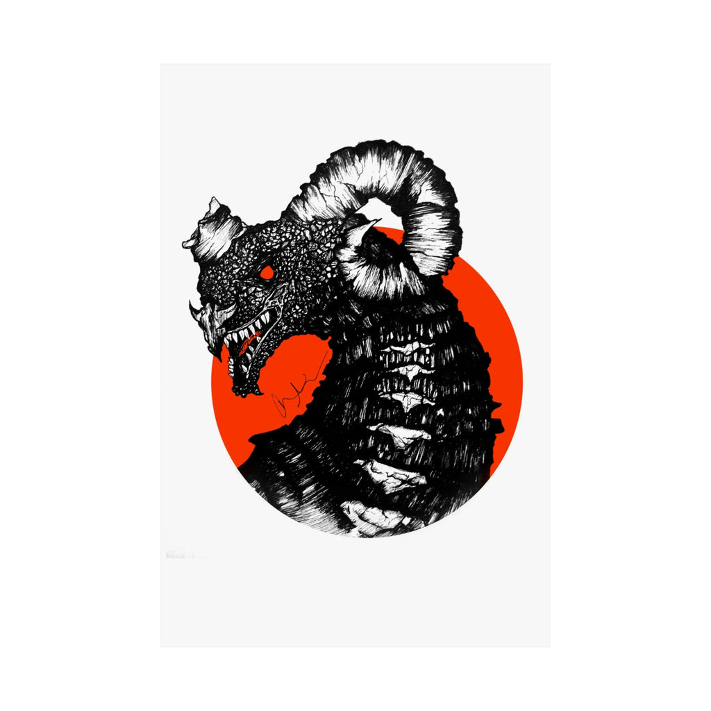 Kaiju Red Sun Matte Poster — Hand-Drawn Ink Monster Art