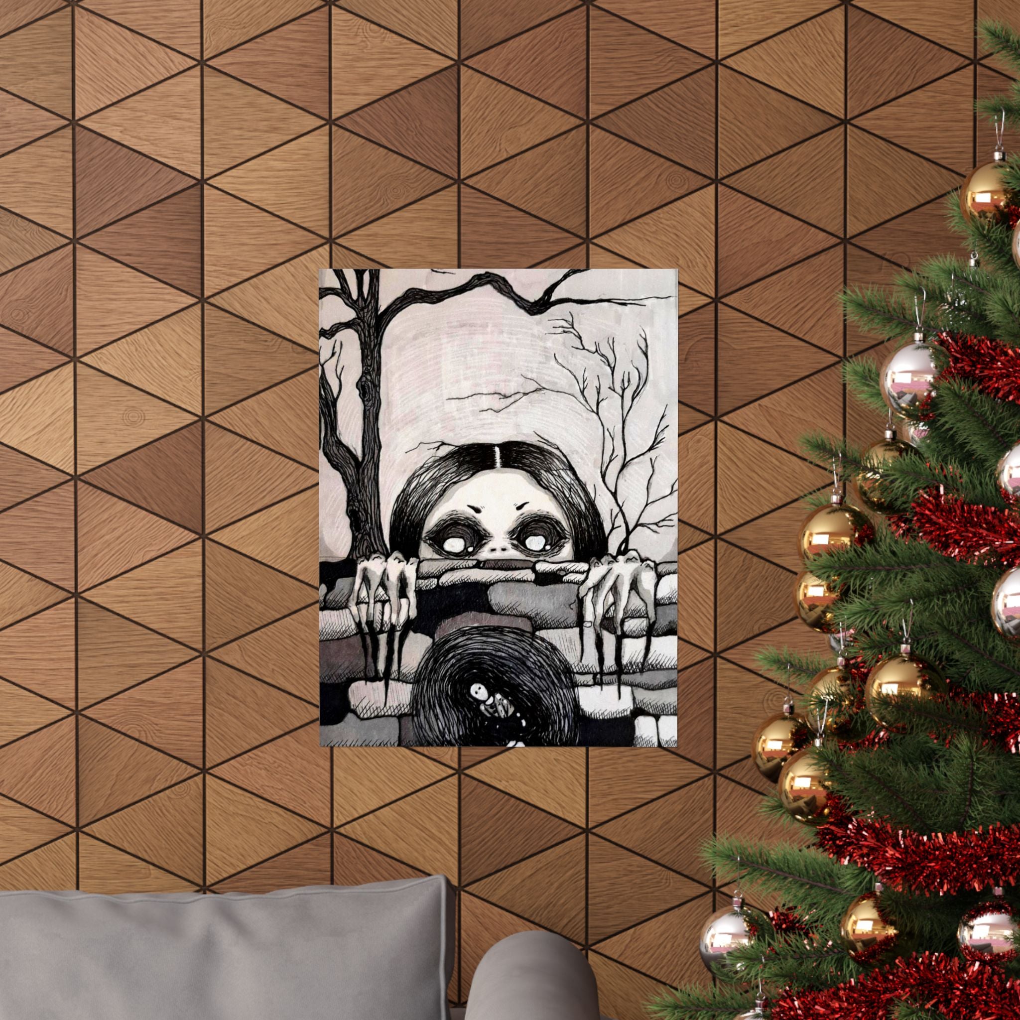 Horror Mother Illustration Matte Vertical Poster — Creepy Peek-Over Wall Art