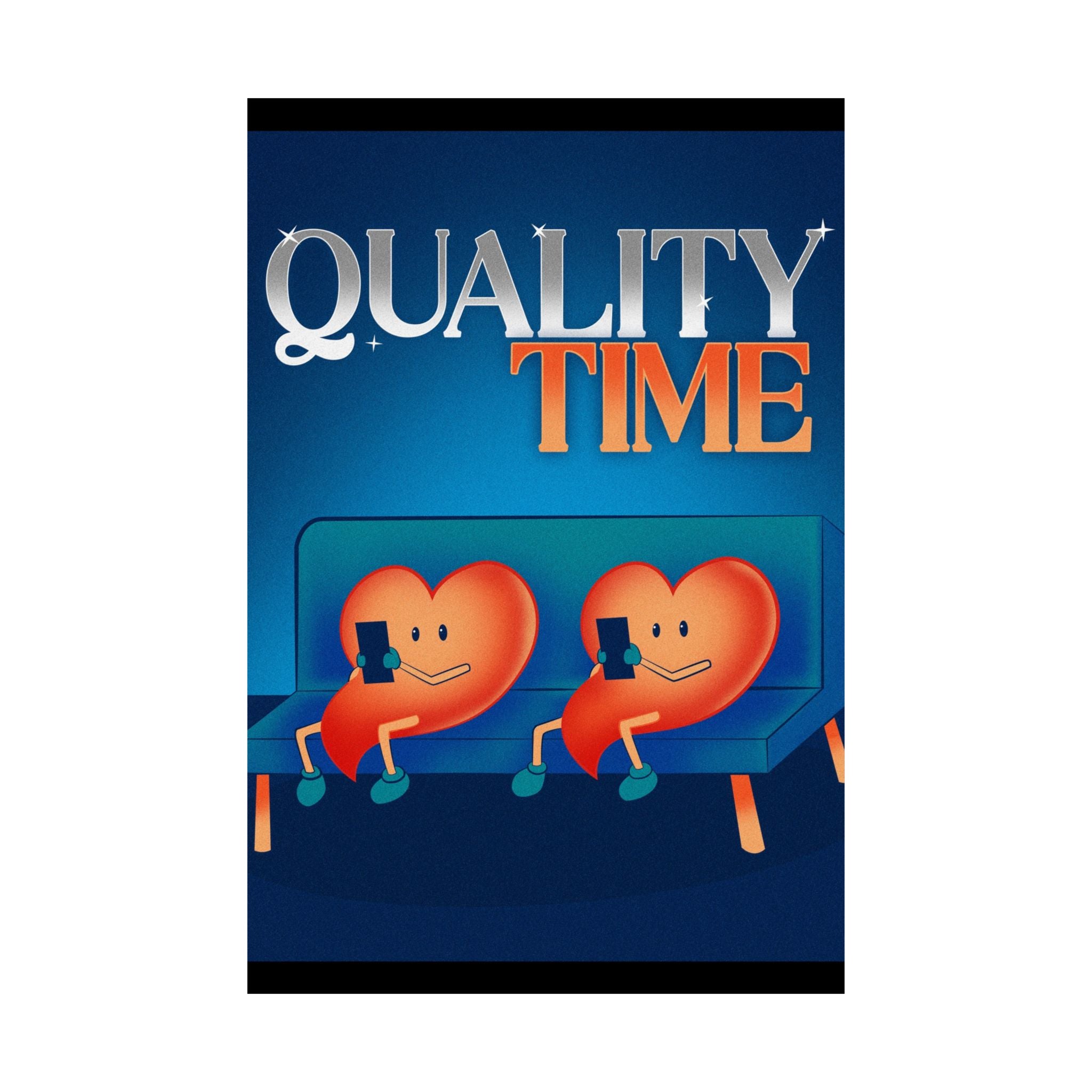 Quality Time Poster — Couples Heart Characters on Couch (Matte Vertical)