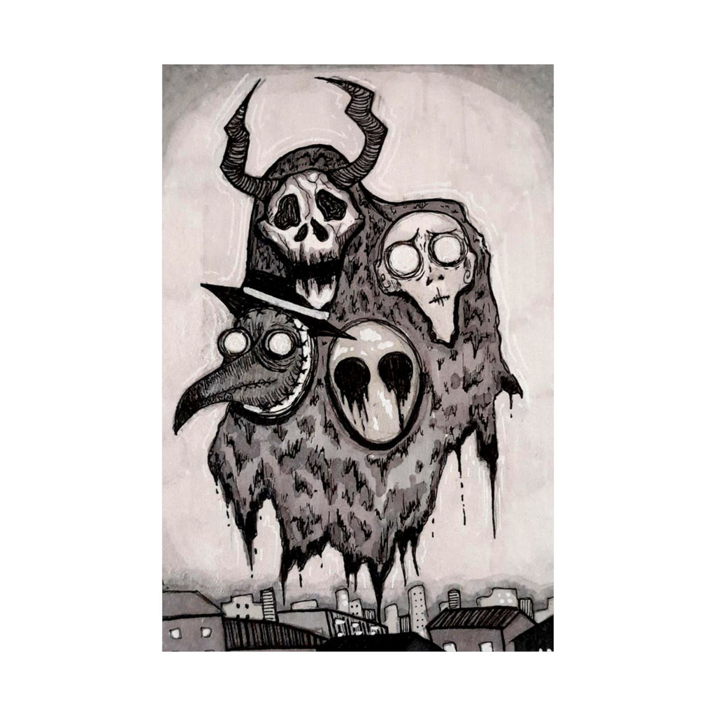 Horror Four Horsemen Matte Vertical Poster — Hand-Drawn Plague Doctor & Demonic Ghouls Art