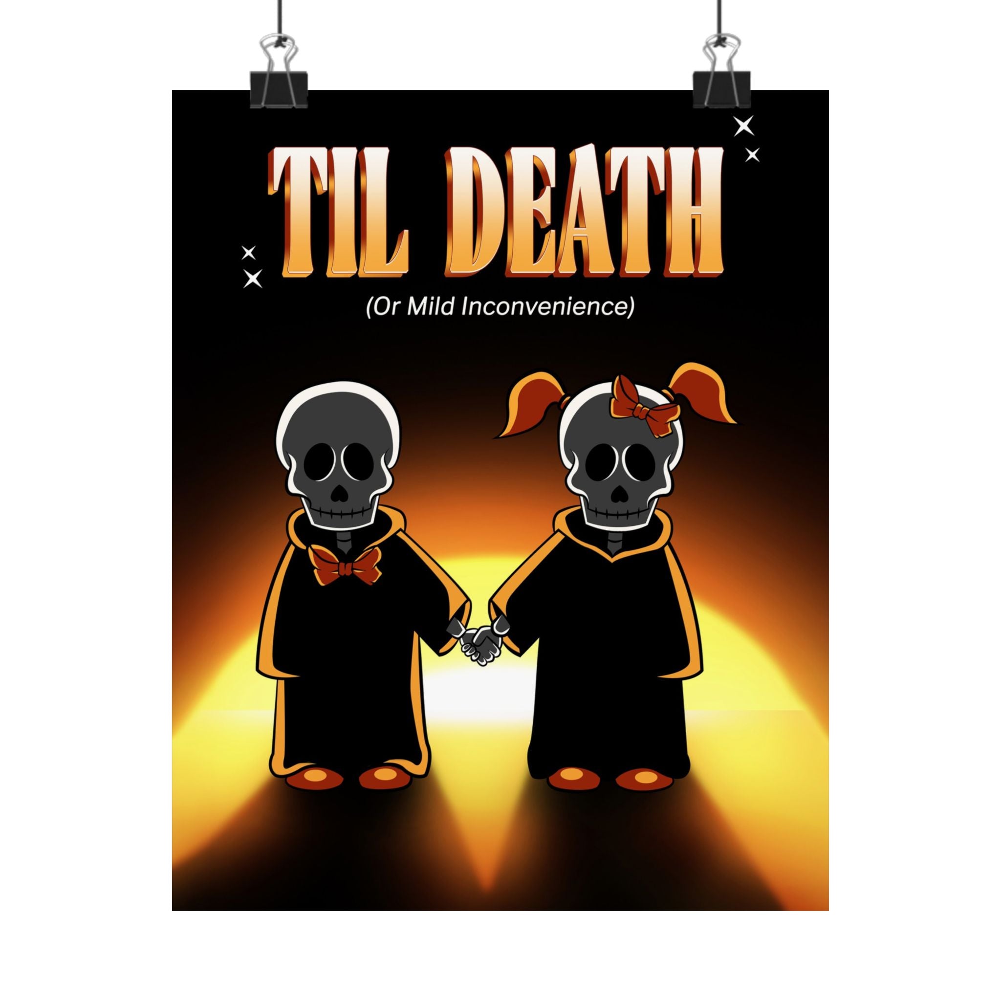 Til Death...or Mild Inconvenience Matte Poster — Cute Skeleton Reaper Couple Sunset Art