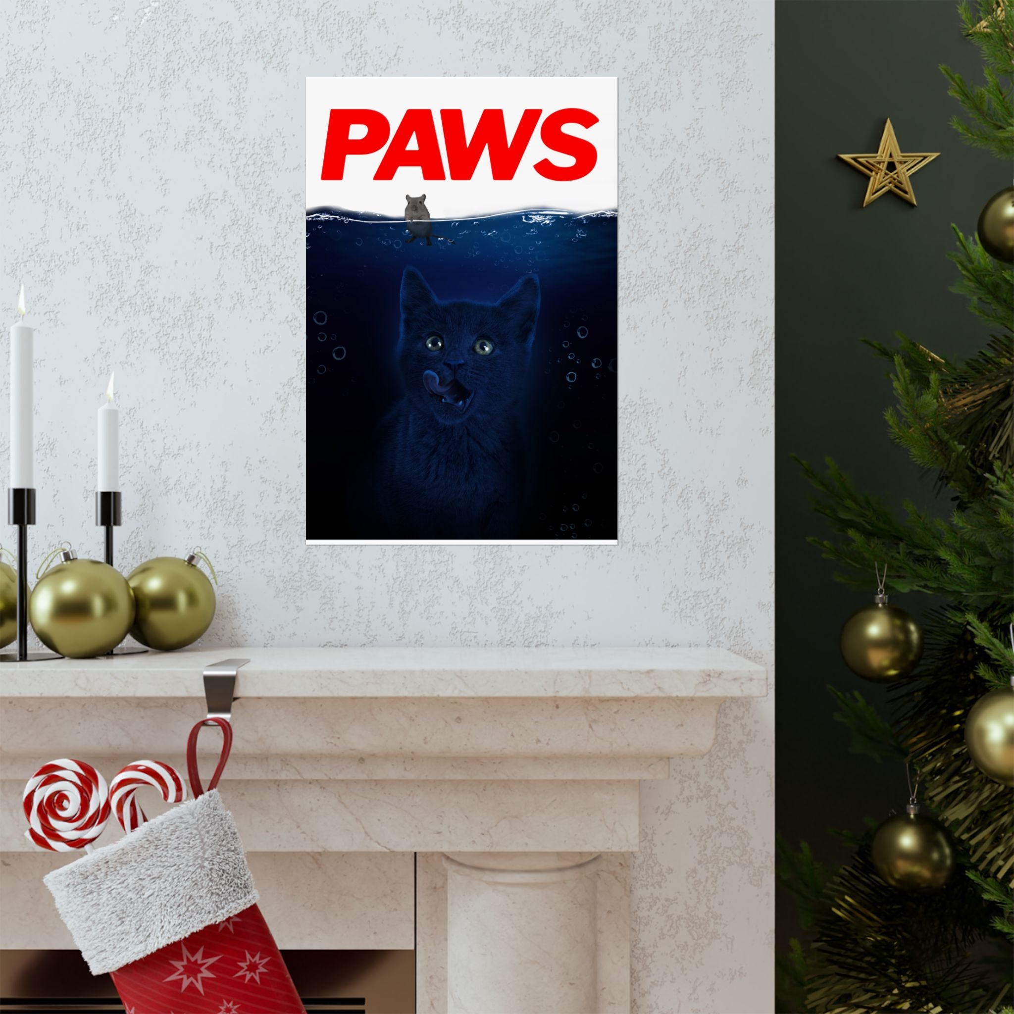 PAWS Parody Poster — Matte Vertical Shark Movie Poster with Kitten and Mouse