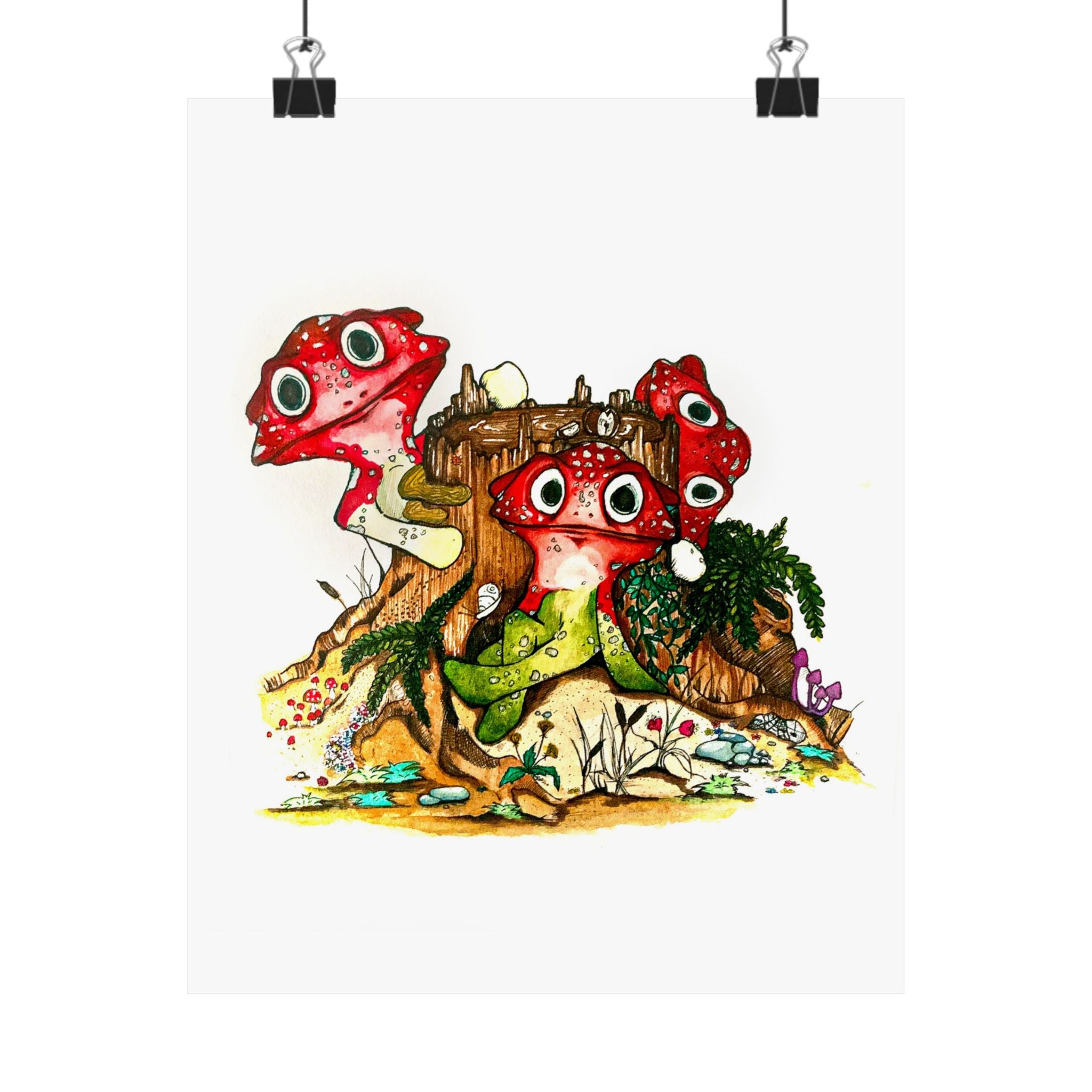 Whimsical Red Mushroom Forest Poster — Cute Cartoon Fungi Wall Art