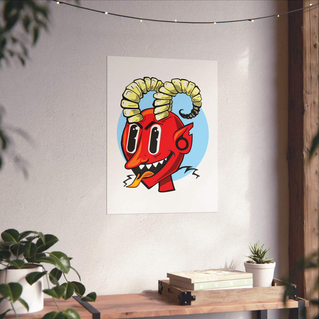 Bright Red Smiling Devil Matte Vertical Poster — Hand-Drawn Fiendish Illustration