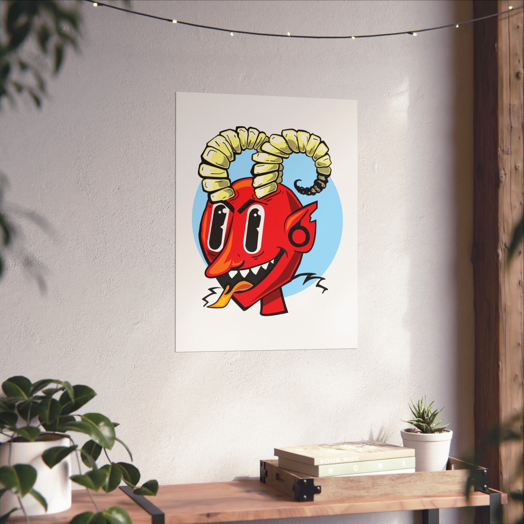 Bright Red Smiling Devil Matte Vertical Poster — Hand-Drawn Fiendish Illustration