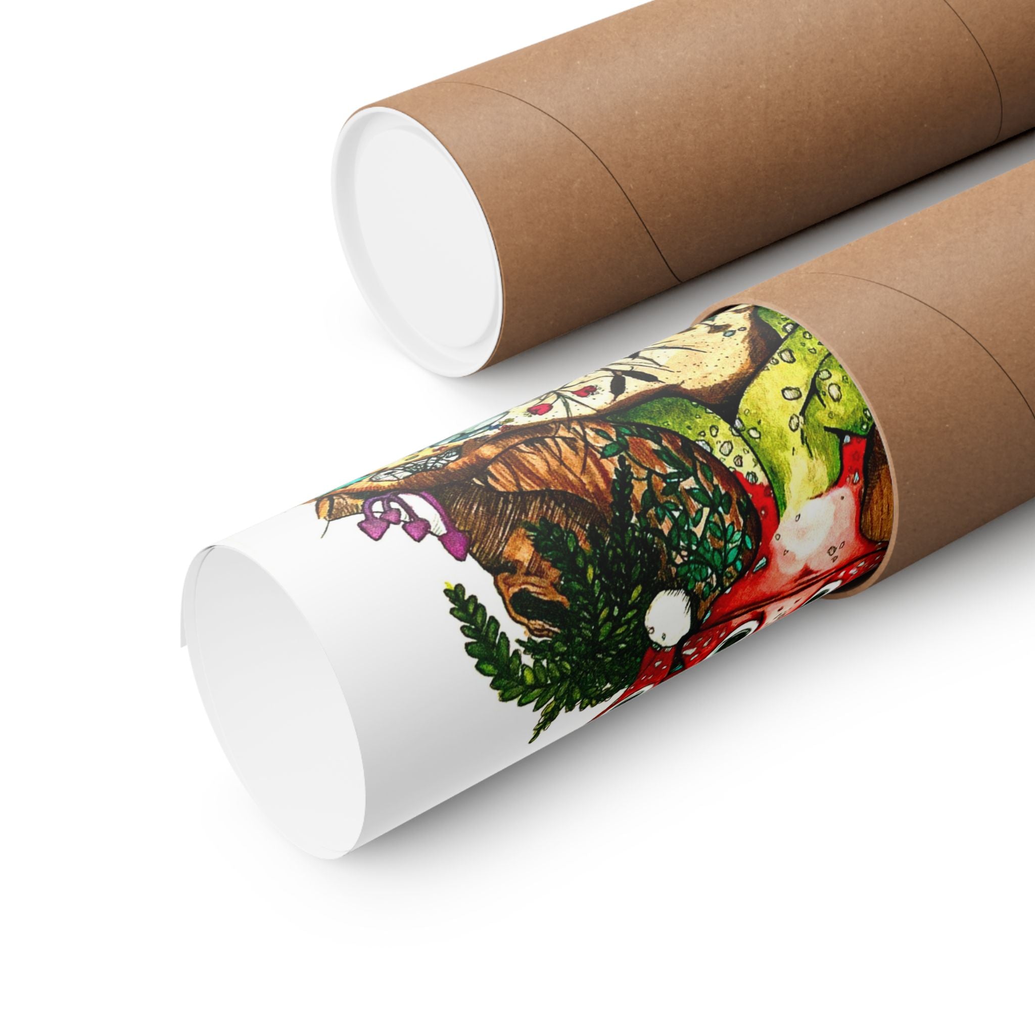 Whimsical Red Mushroom Forest Poster — Cute Cartoon Fungi Wall Art