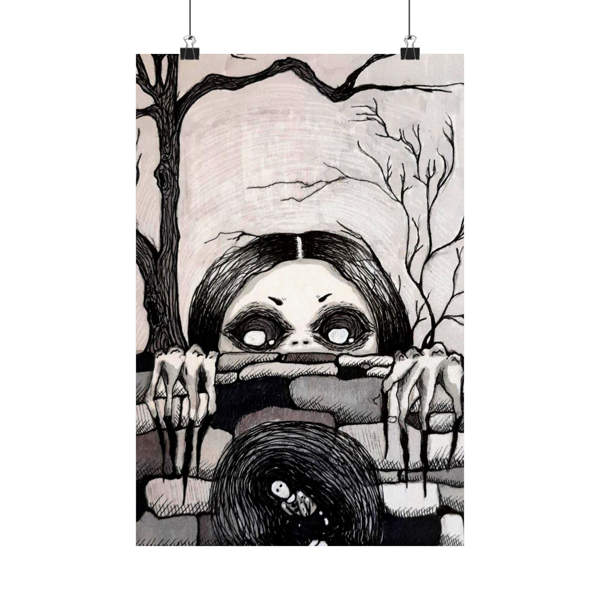 Horror Mother Illustration Matte Vertical Poster — Creepy Peek-Over Wall Art