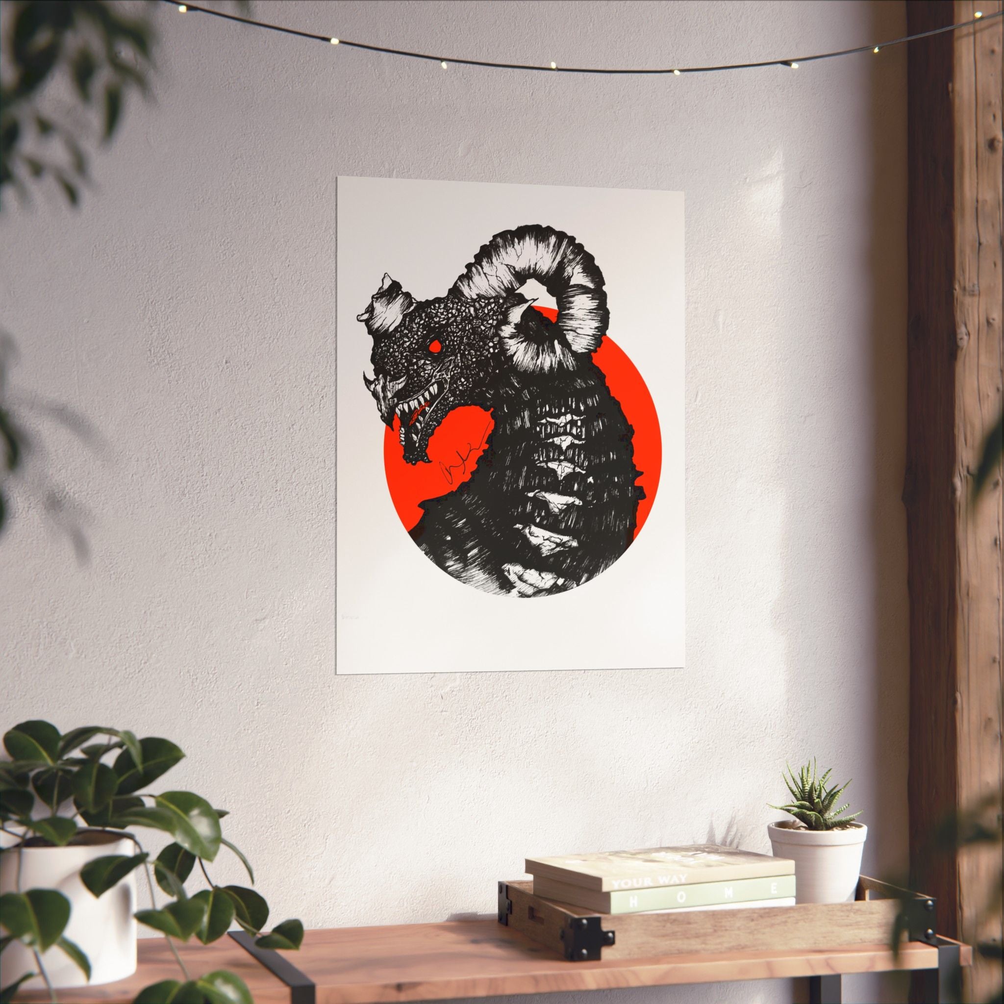 Kaiju Red Sun Matte Poster — Hand-Drawn Ink Monster Art