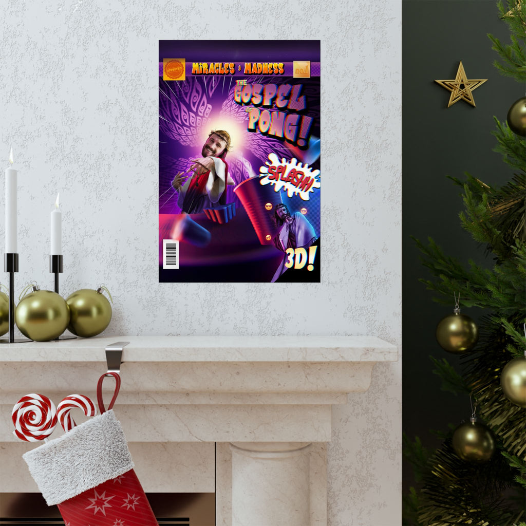 The Gospel of Pong Matte Poster — Comic-Style Jesus Beer Pong Art