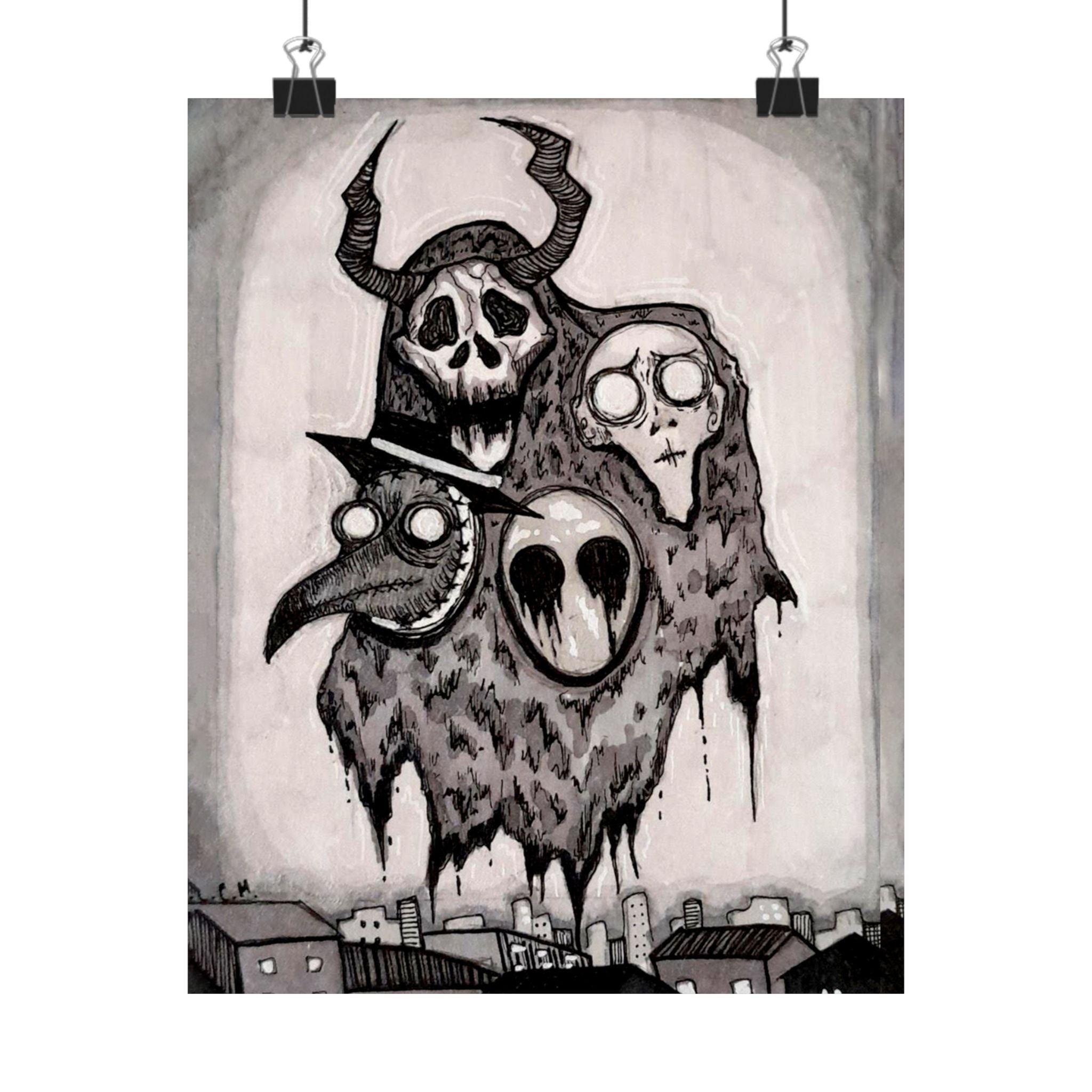 Horror Four Horsemen Matte Vertical Poster — Hand-Drawn Plague Doctor & Demonic Ghouls Art