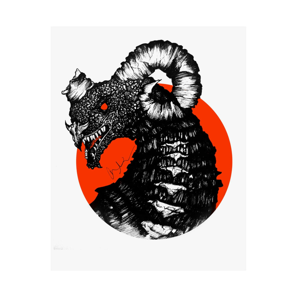 Kaiju Red Sun Matte Poster — Hand-Drawn Ink Monster Art