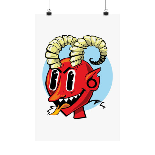 Bright Red Smiling Devil Matte Vertical Poster — Hand-Drawn Fiendish Illustration