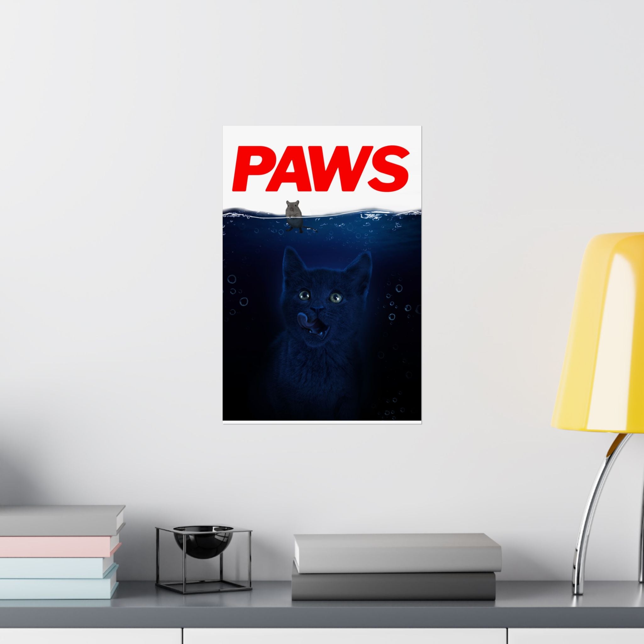 PAWS Parody Poster — Matte Vertical Shark Movie Poster with Kitten and Mouse