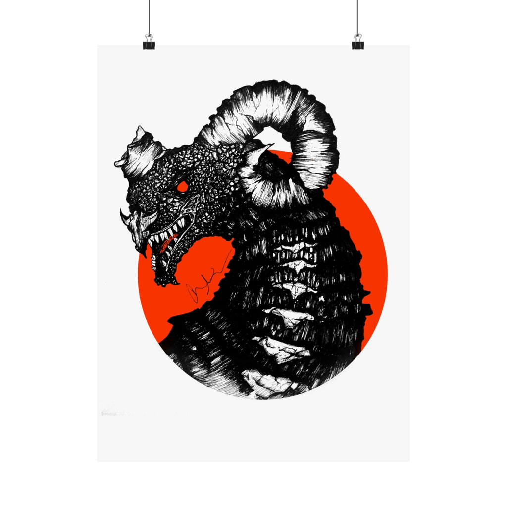 Kaiju Red Sun Matte Poster — Hand-Drawn Ink Monster Art