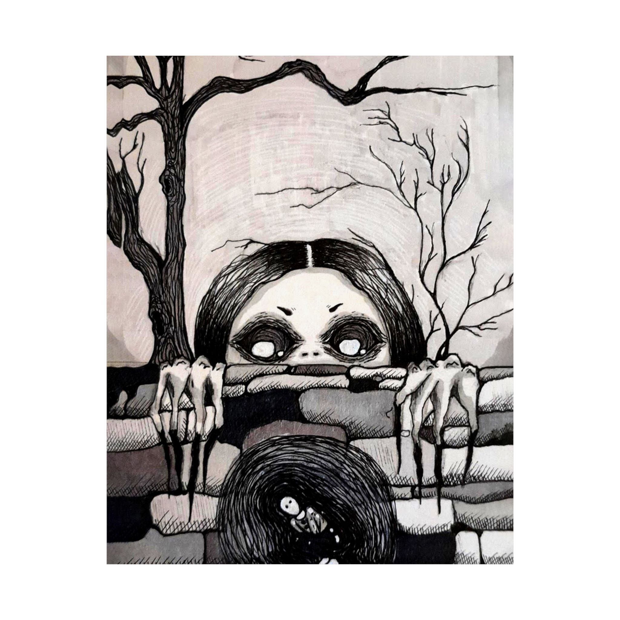 Horror Mother Illustration Matte Vertical Poster — Creepy Peek-Over Wall Art