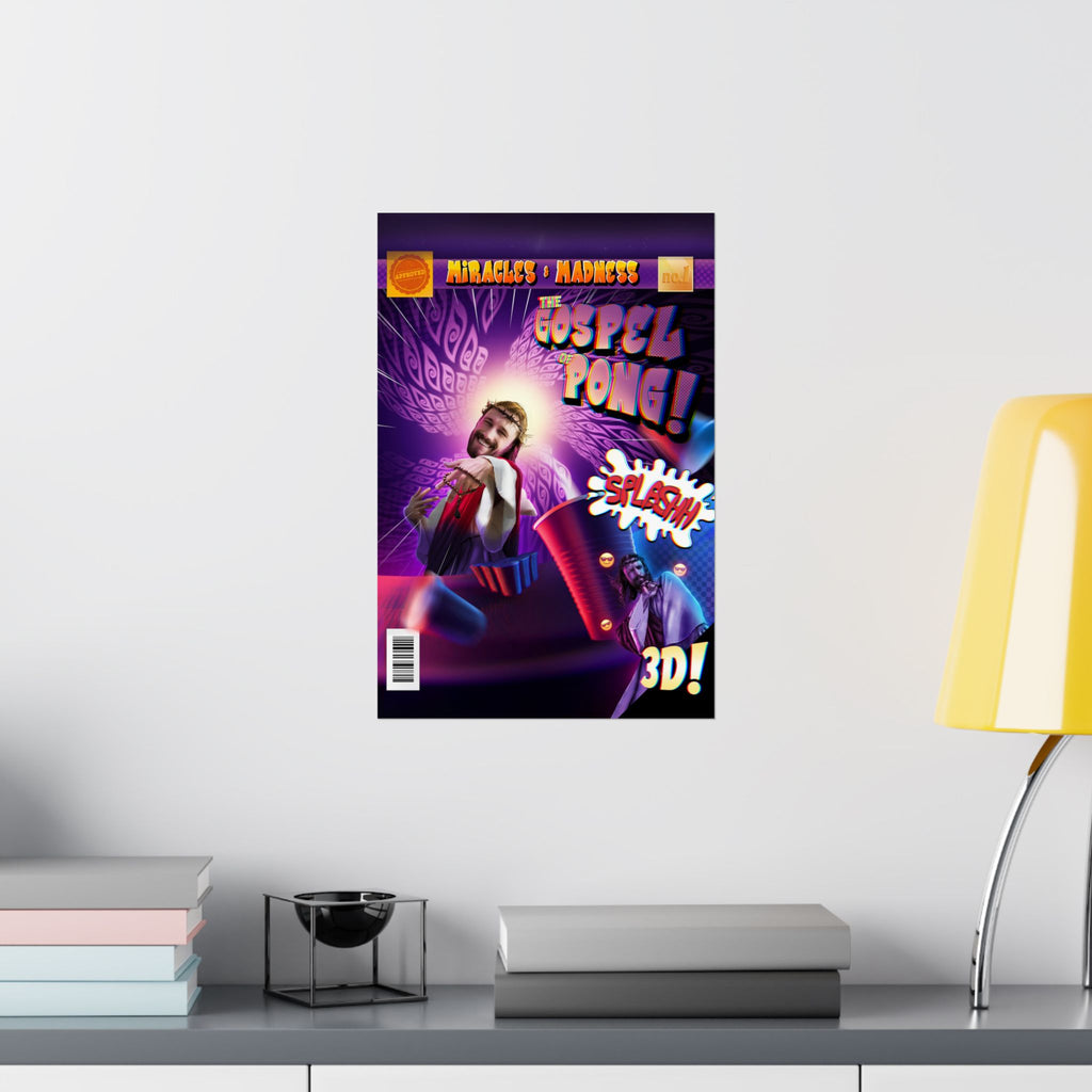 The Gospel of Pong Matte Poster — Comic-Style Jesus Beer Pong Art