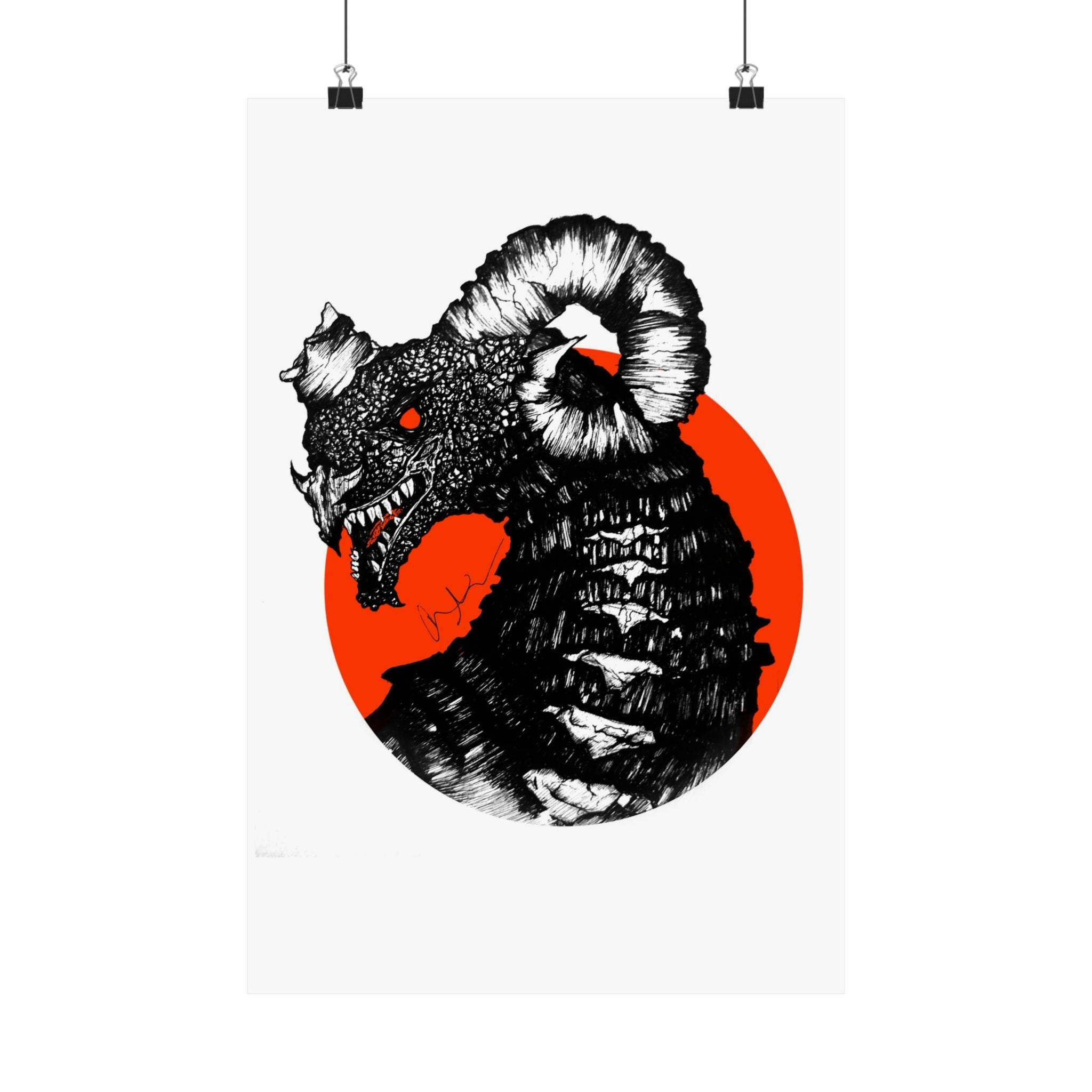 Kaiju Red Sun Matte Poster — Hand-Drawn Ink Monster Art