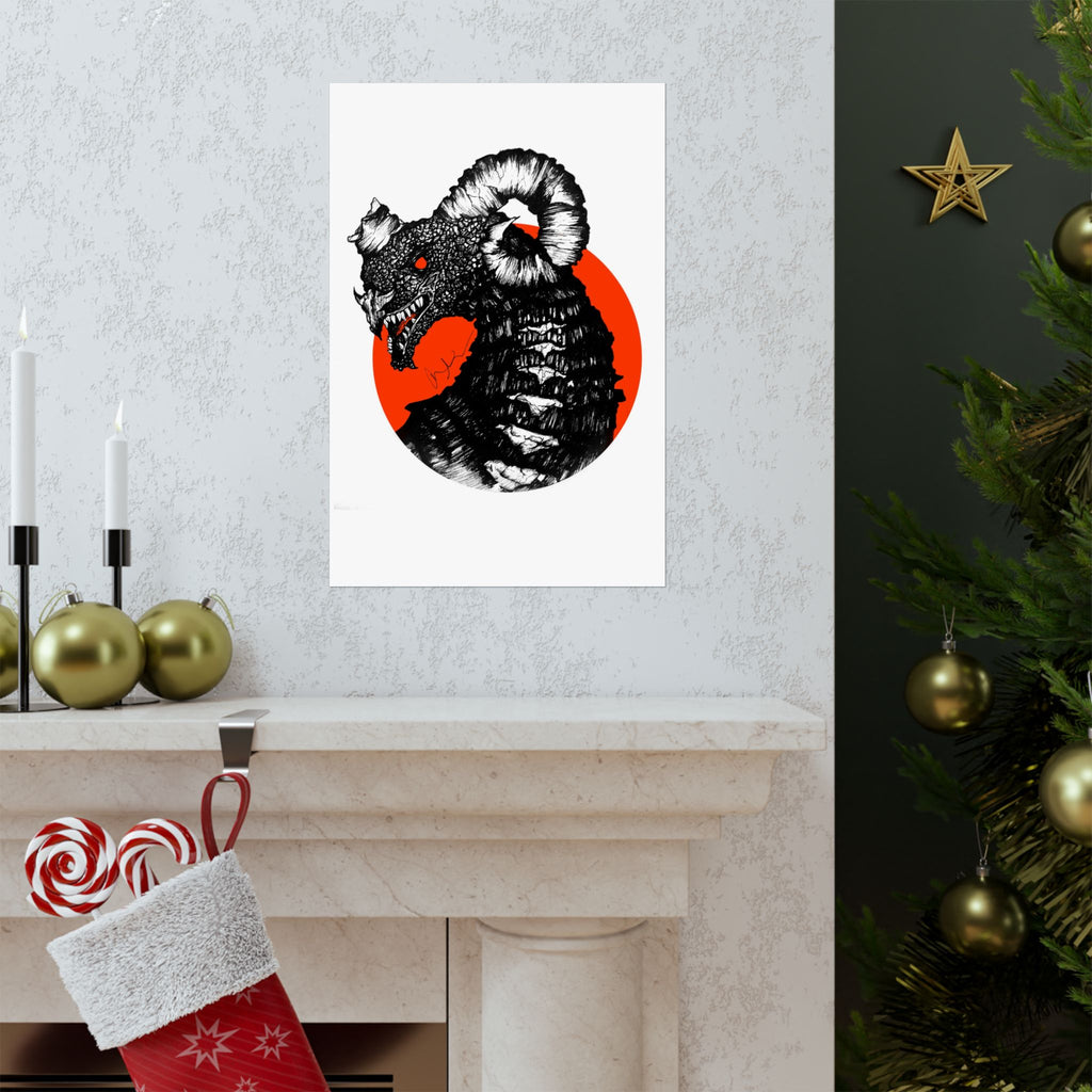 Kaiju Red Sun Matte Poster — Hand-Drawn Ink Monster Art