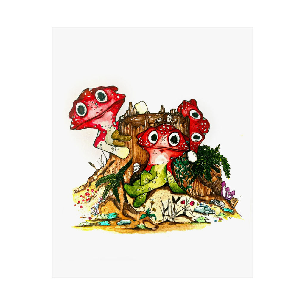 Whimsical Red Mushroom Forest Poster — Cute Cartoon Fungi Wall Art