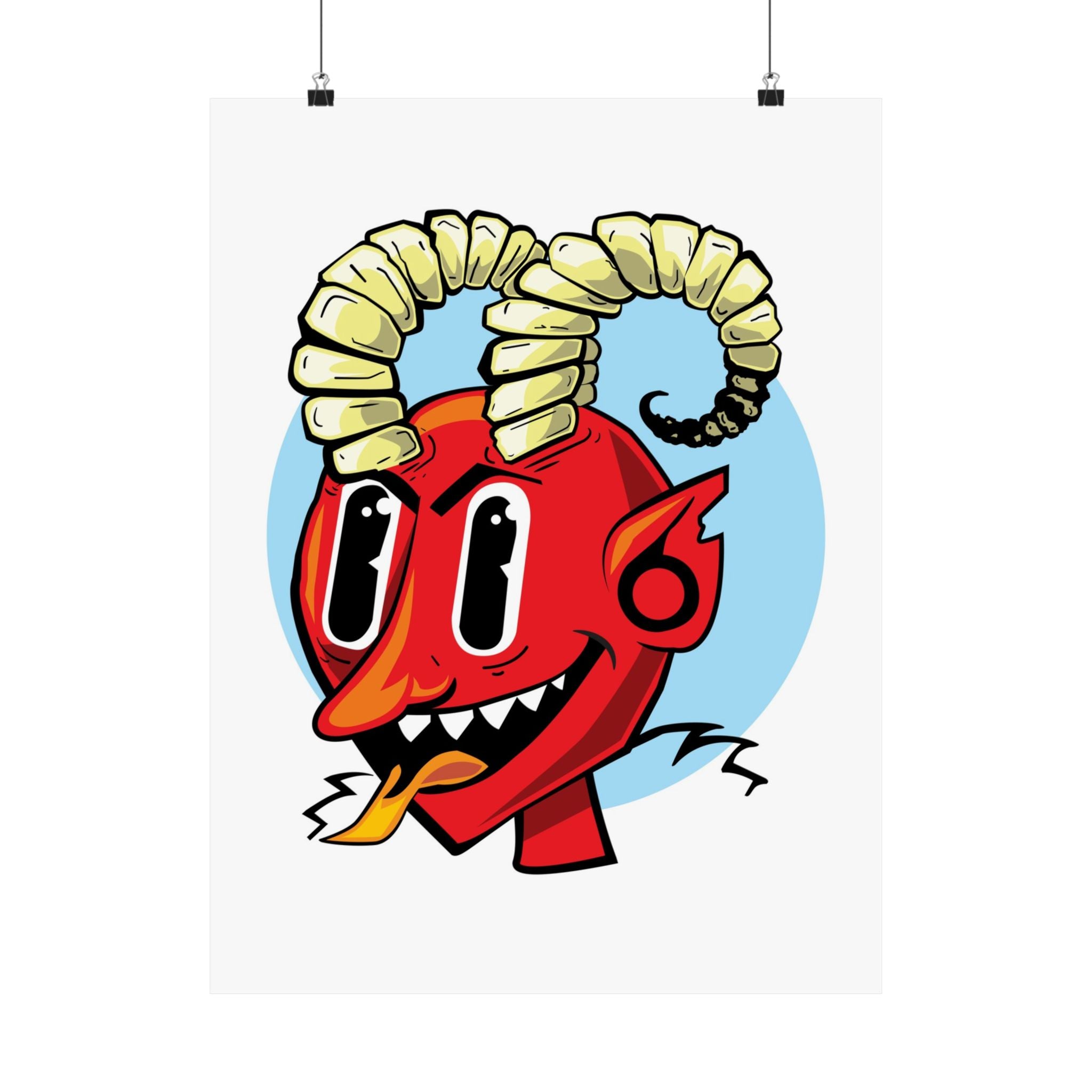 Bright Red Smiling Devil Matte Vertical Poster — Hand-Drawn Fiendish Illustration